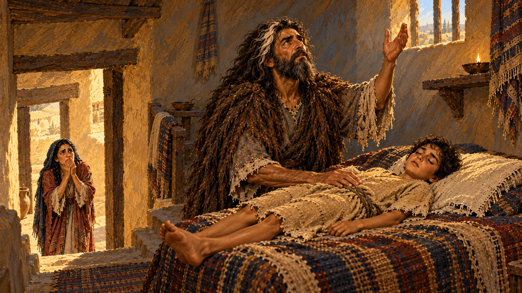 Elijah takes the child to his upper room, lays him on his bed and cries to Yahweh.