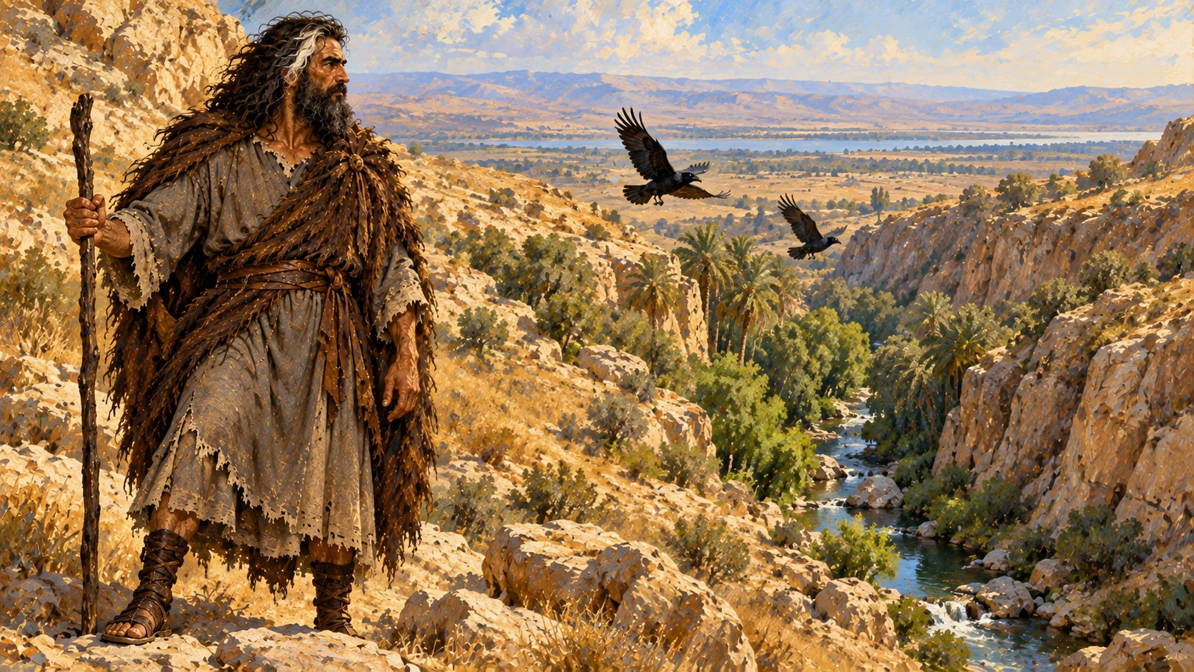 Elijah receives Yahweh’s instruction to hide by Wadi Cherith, drink from it and be fed by ravens.