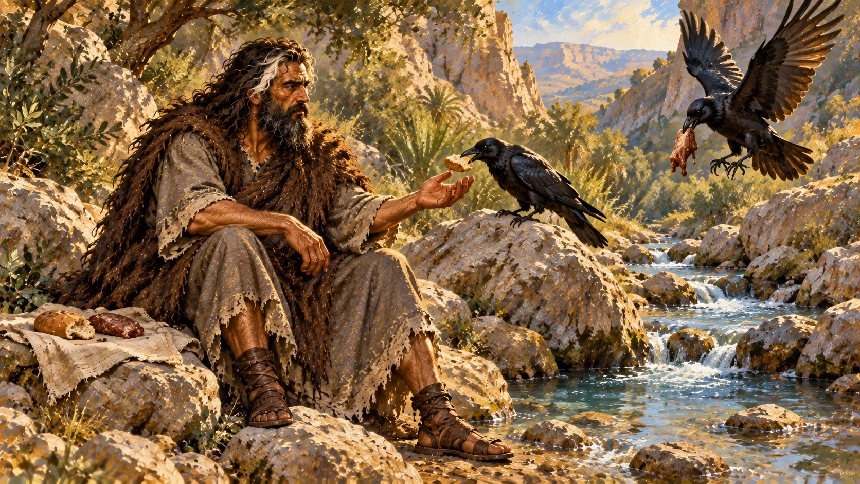 Elijah stays by the wadi; ravens bring bread and meat morning and evening.