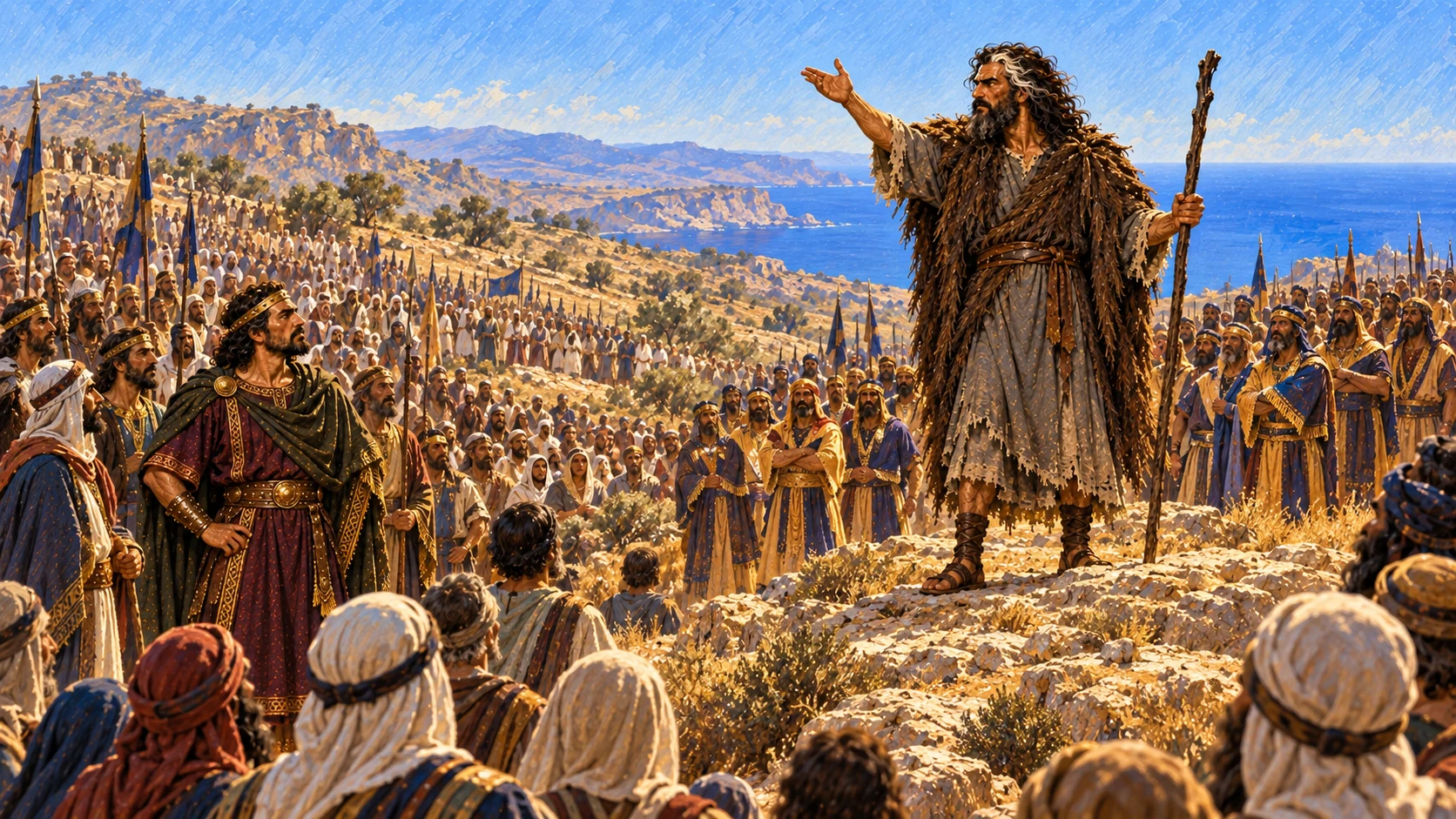 Ahab gathers Israel and the Baal prophets at Mount Carmel at Elijah’s request.