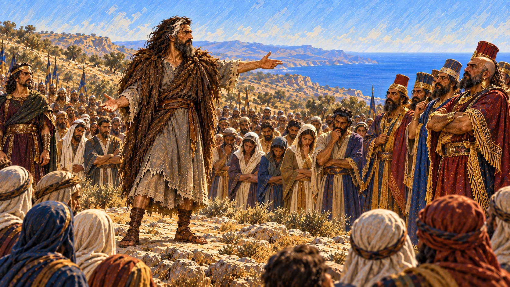 Elijah challenges the silent people and contrasts his solitary stand with the many prophets of Baal.