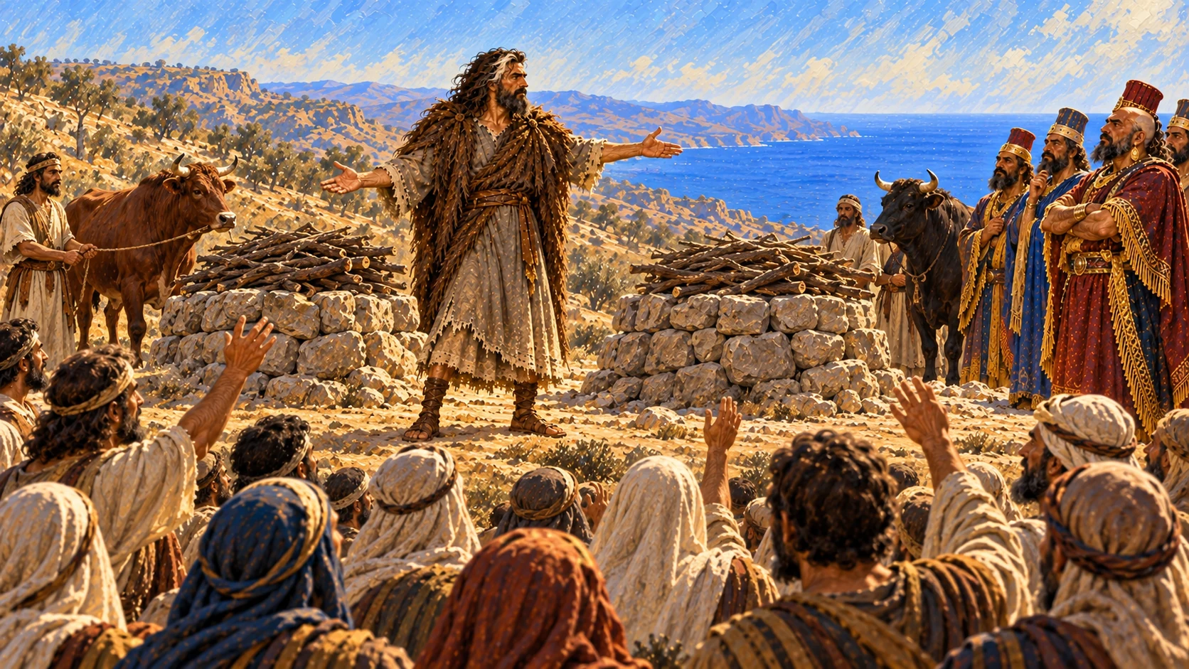 Elijah proposes two unlit offerings; the people accept that the God who answers by fire is God.