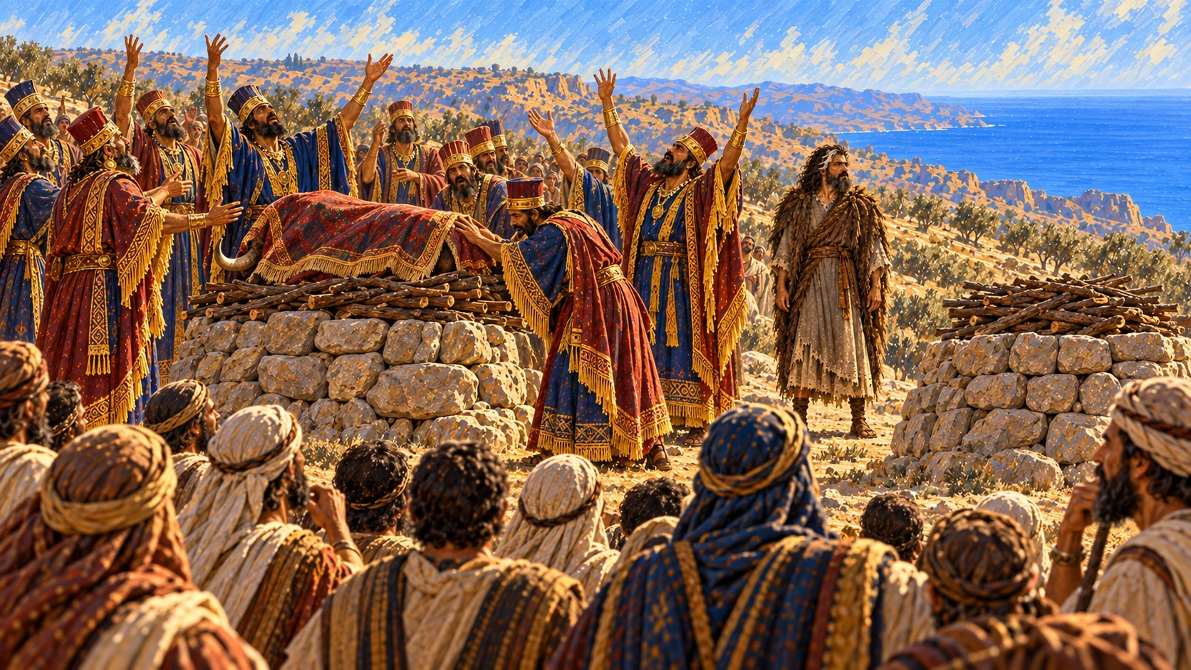 The prophets prepare their bull and call to Baal from morning until noon, but there is no answer.