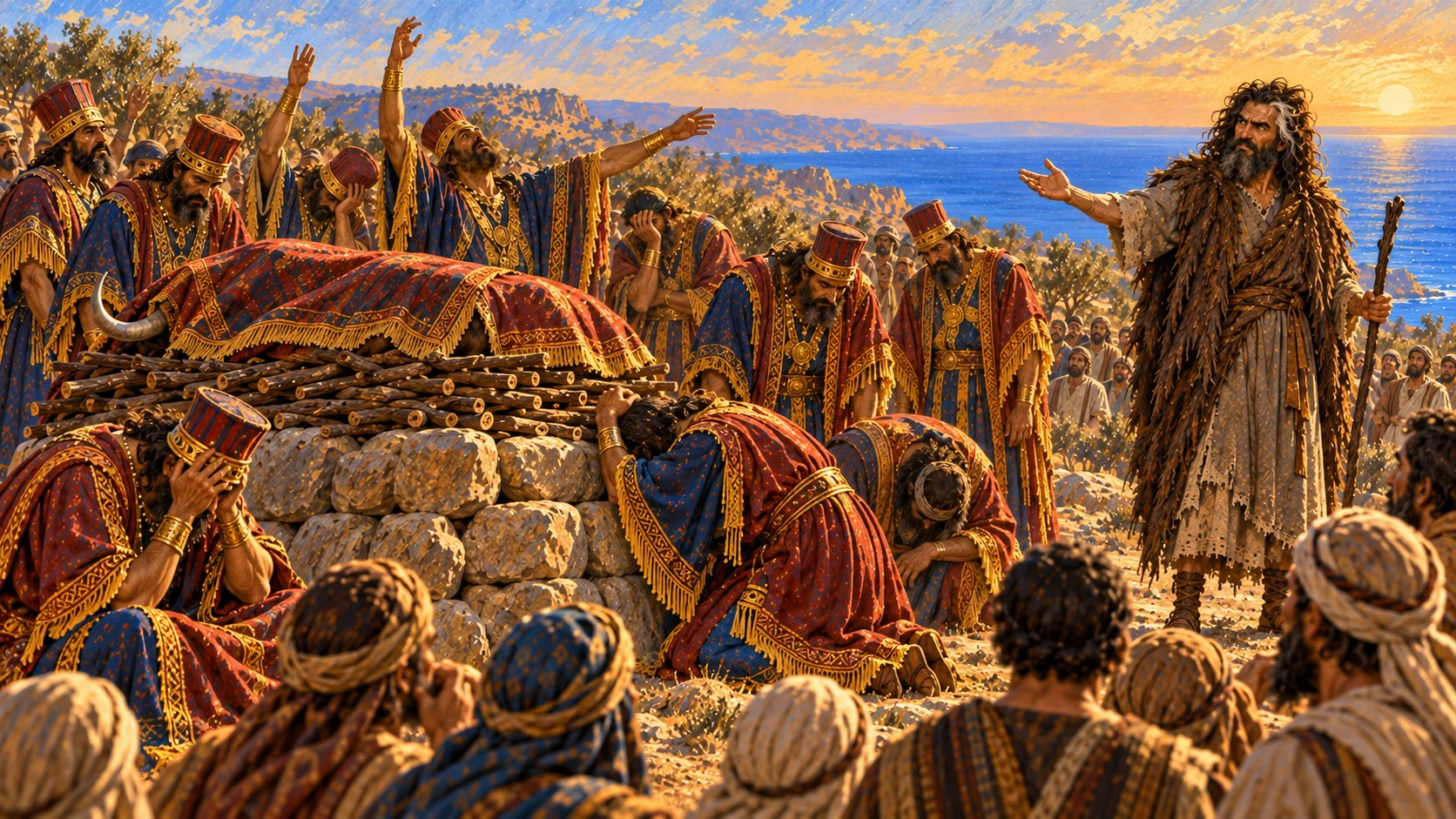 Elijah mocks their unanswered cries; they intensify their ritual until evening without response.