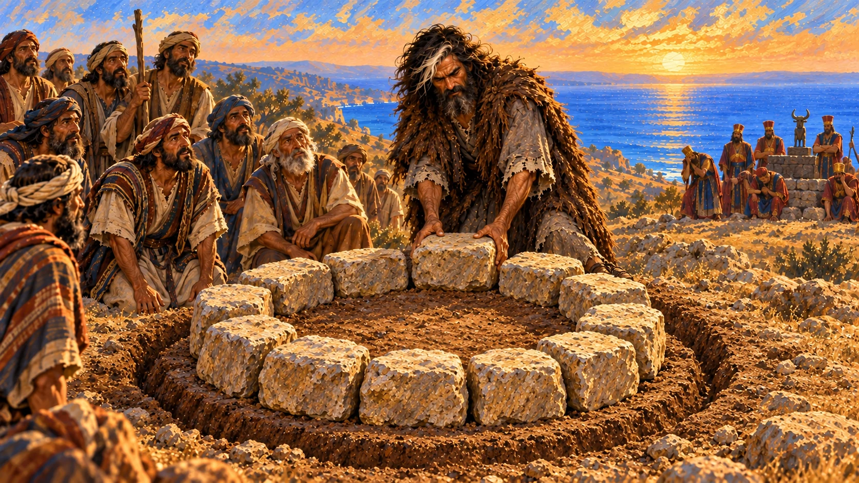 Elijah calls the people near and repairs Yahweh’s altar with twelve stones and a trench.