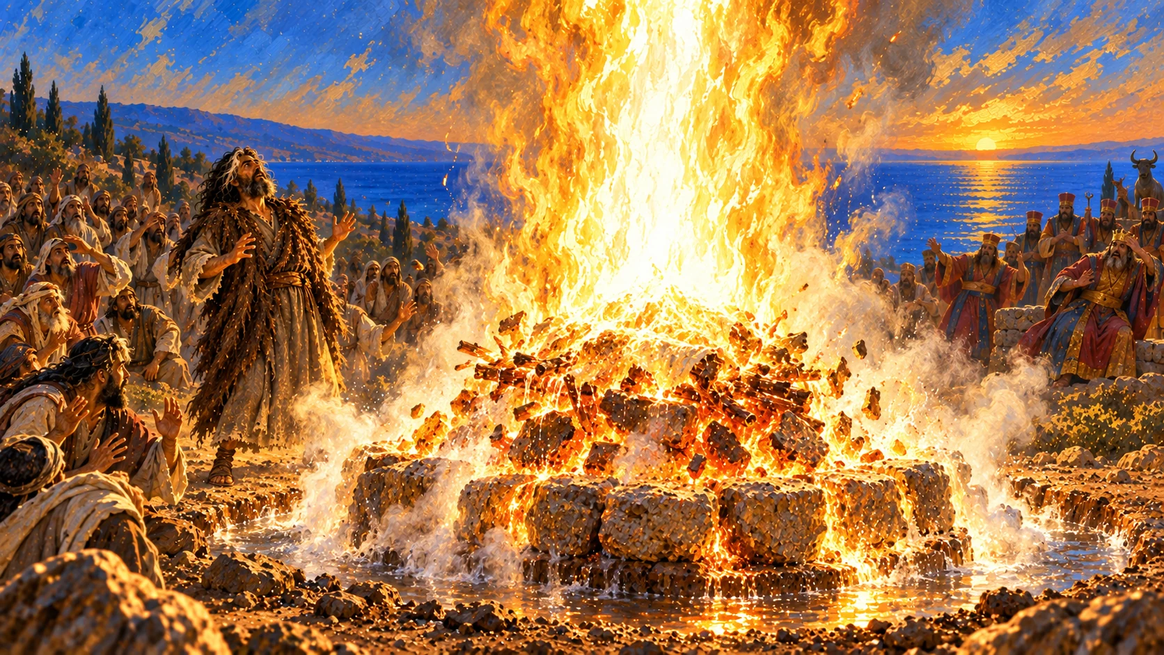 Fire from Yahweh consumes the offering, wood, stones, dust and water.