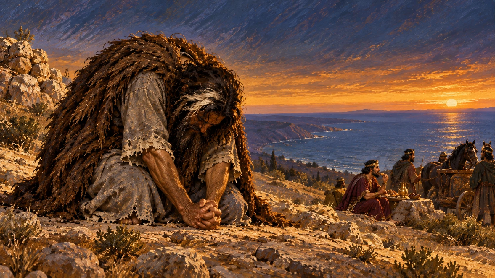 Elijah tells Ahab to eat and drink, then kneels in prayer on Carmel’s summit.