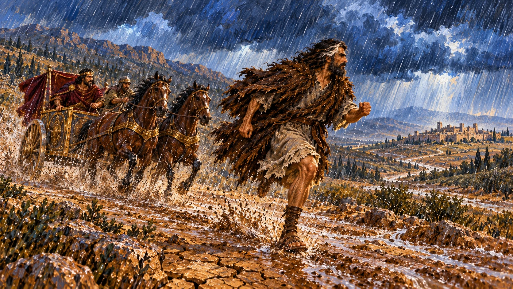 Heavy rain breaks the drought as Ahab rides to Jezreel and Elijah runs ahead.
