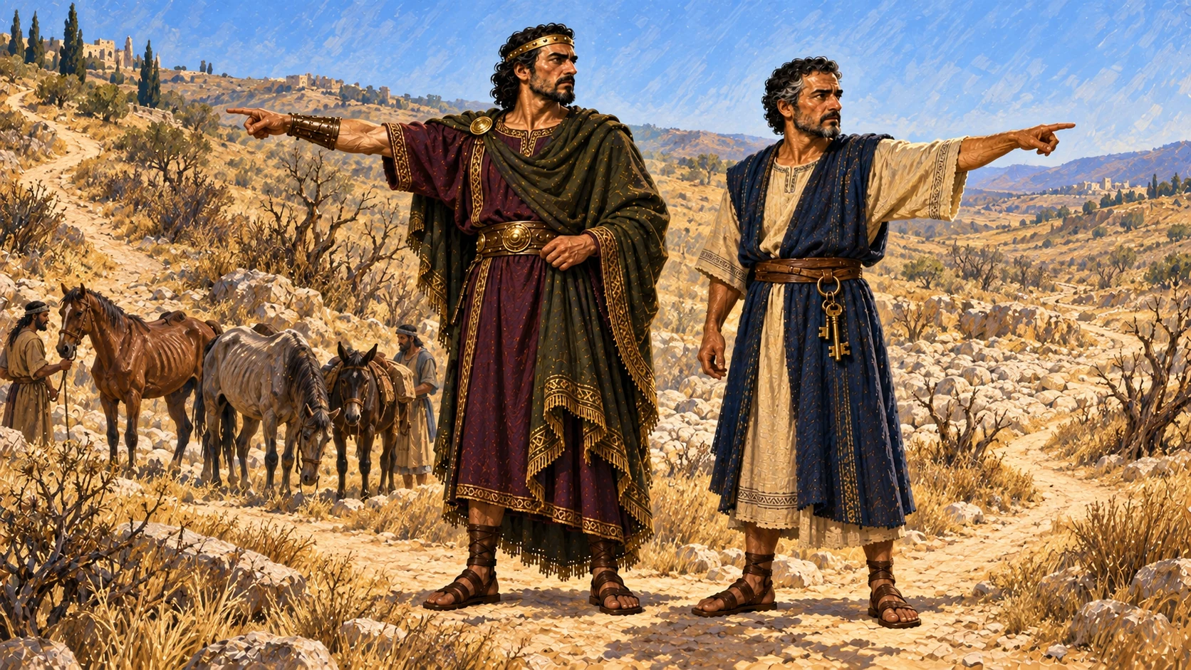 Ahab and Obadiah divide the drought-stricken land to search for grass to save the animals.