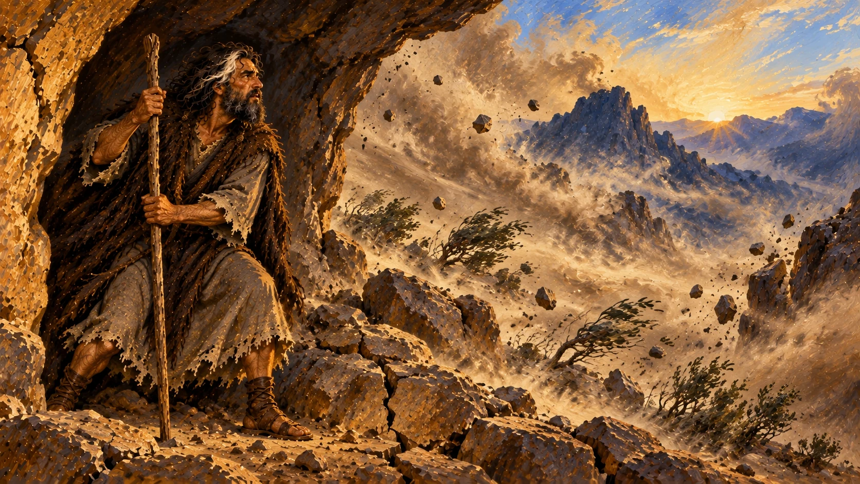Elijah stands at the mountain cave as a fierce wind and earthquake pass; Yahweh is not in them.