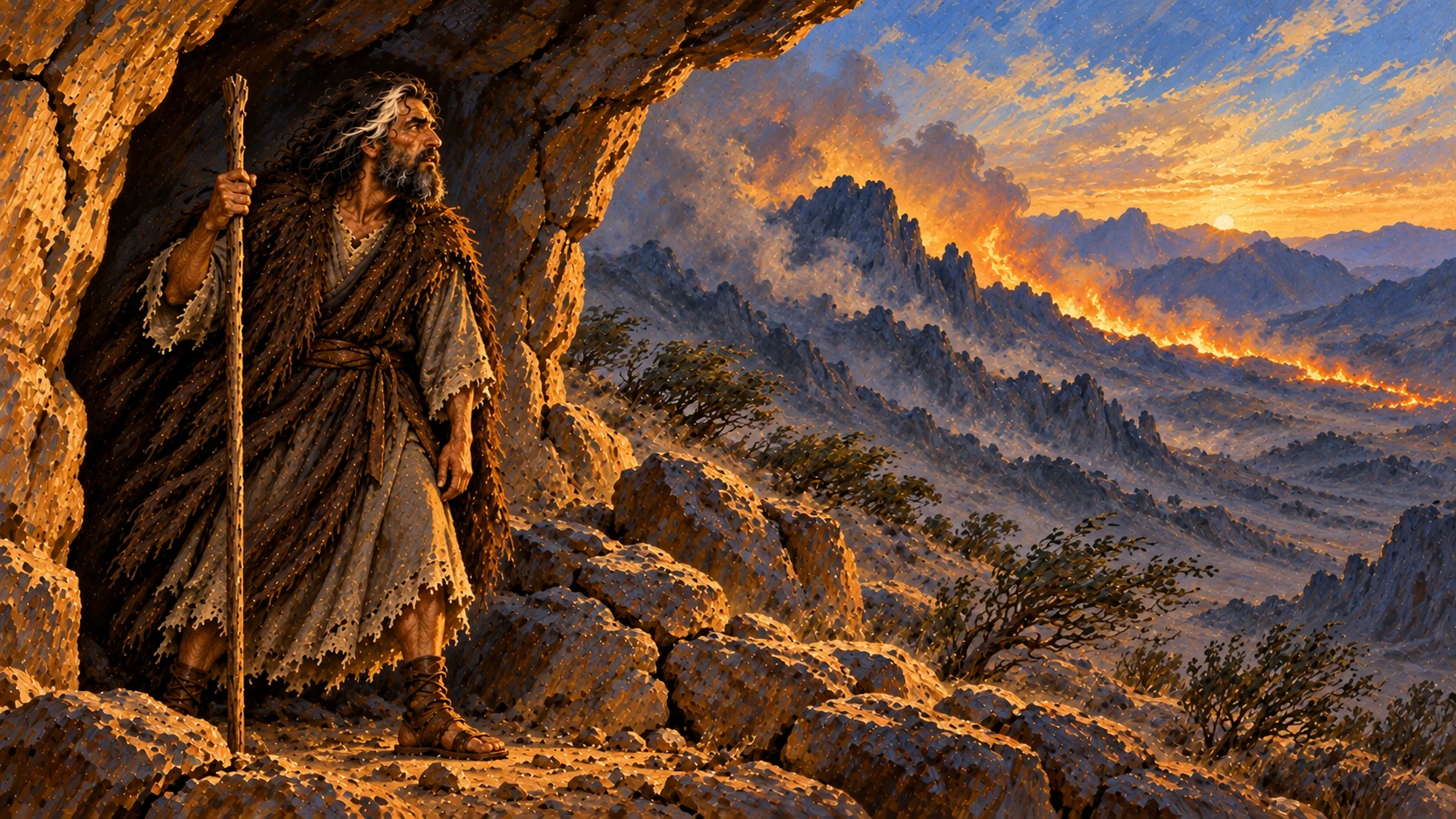 Fire passes, then a gentle whisper comes; Yahweh is not in the fire.