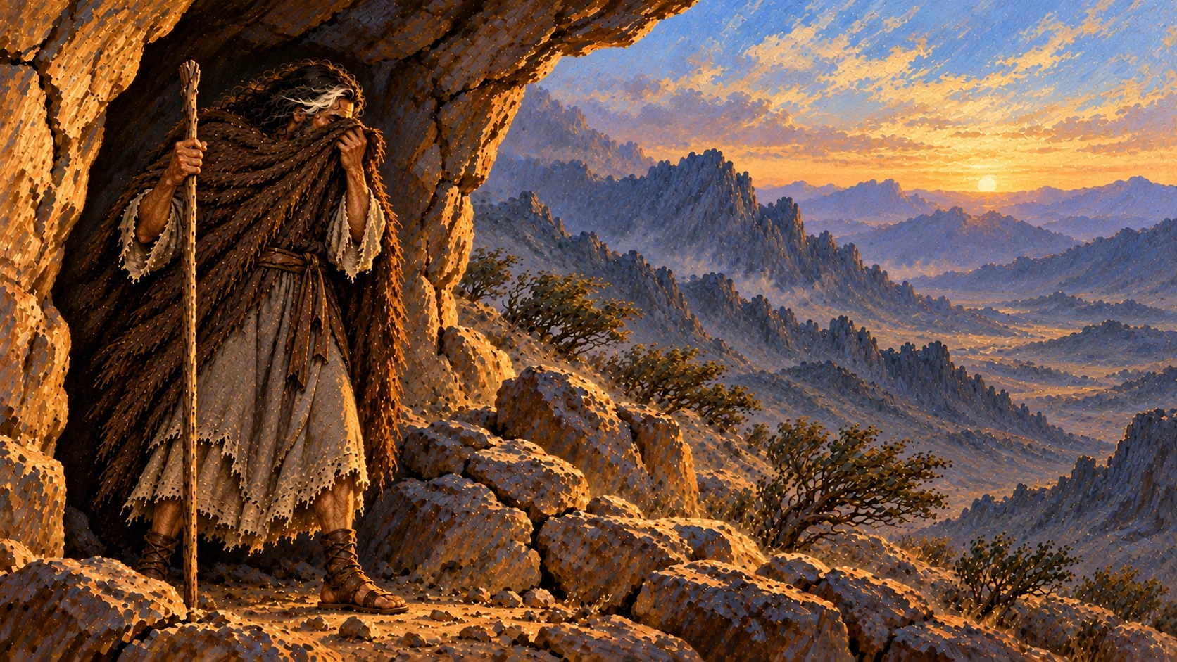 Elijah wraps his face in his cloak at the cave entrance and again speaks of his isolation.