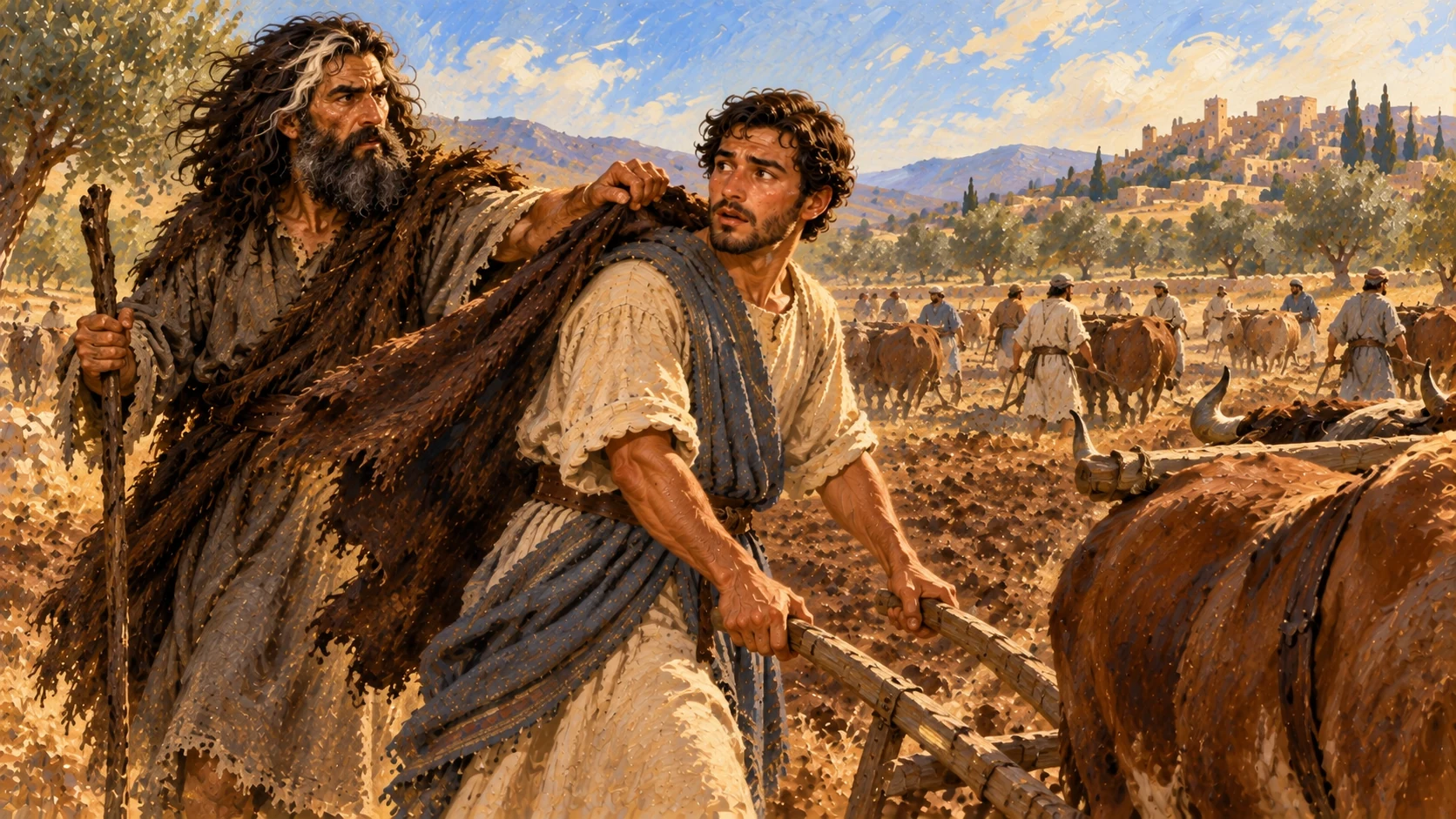 Elijah finds Elisha plowing among twelve yoke-pairs and throws his cloak over him.