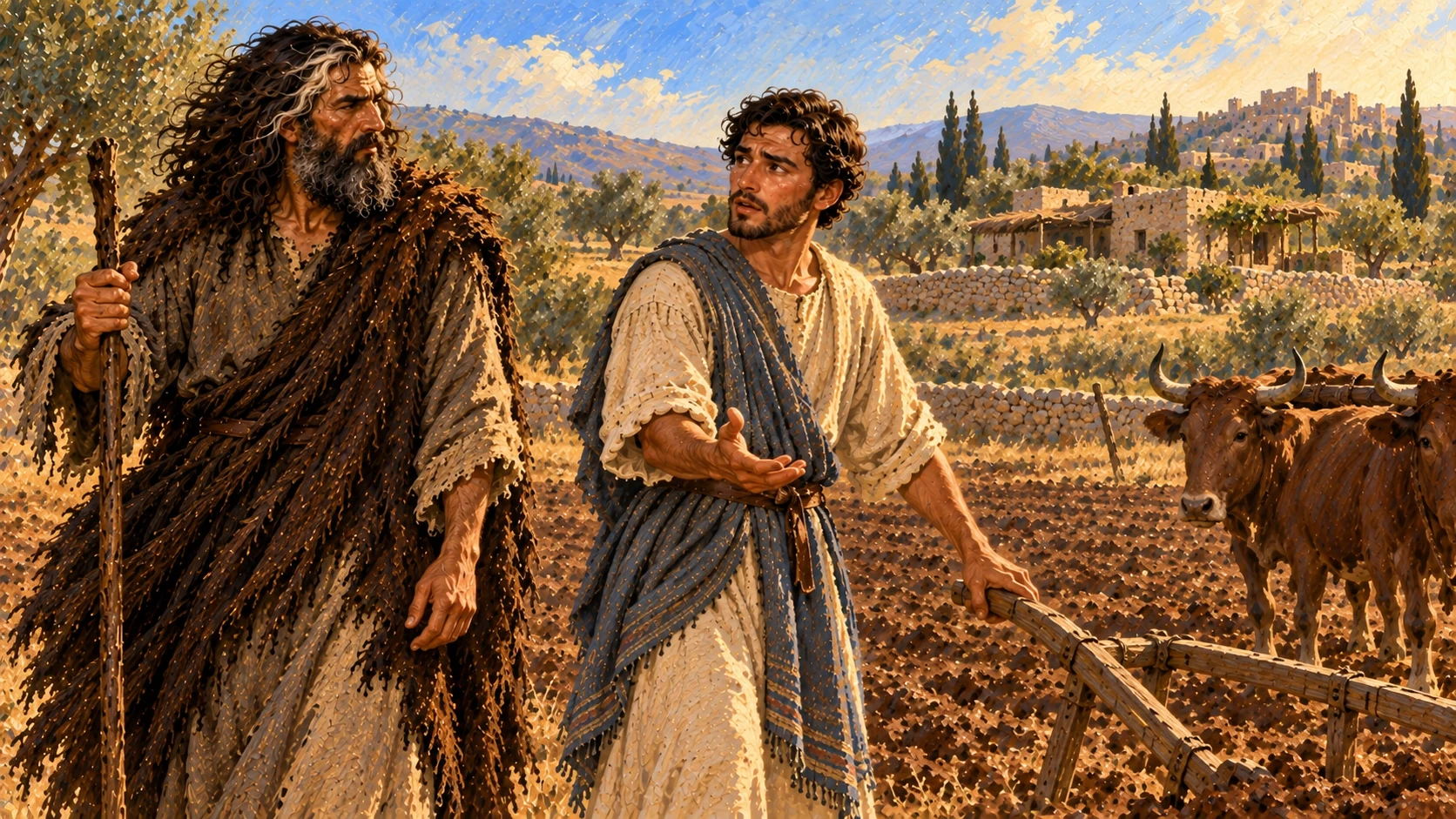 Elisha leaves the oxen and asks to kiss his parents goodbye before following Elijah.