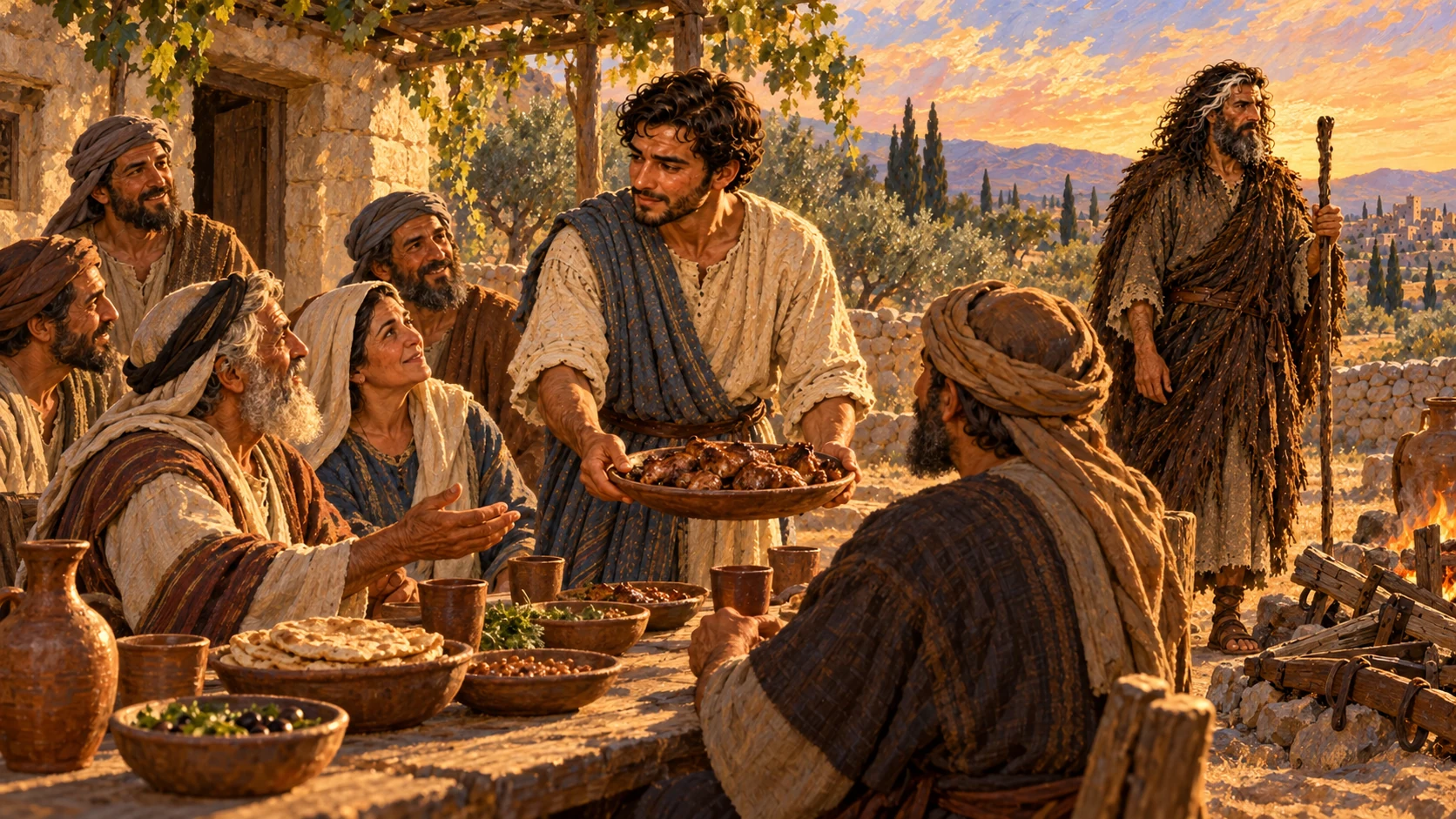 Elisha shares a farewell meal from his oxen and then follows Elijah as his servant.