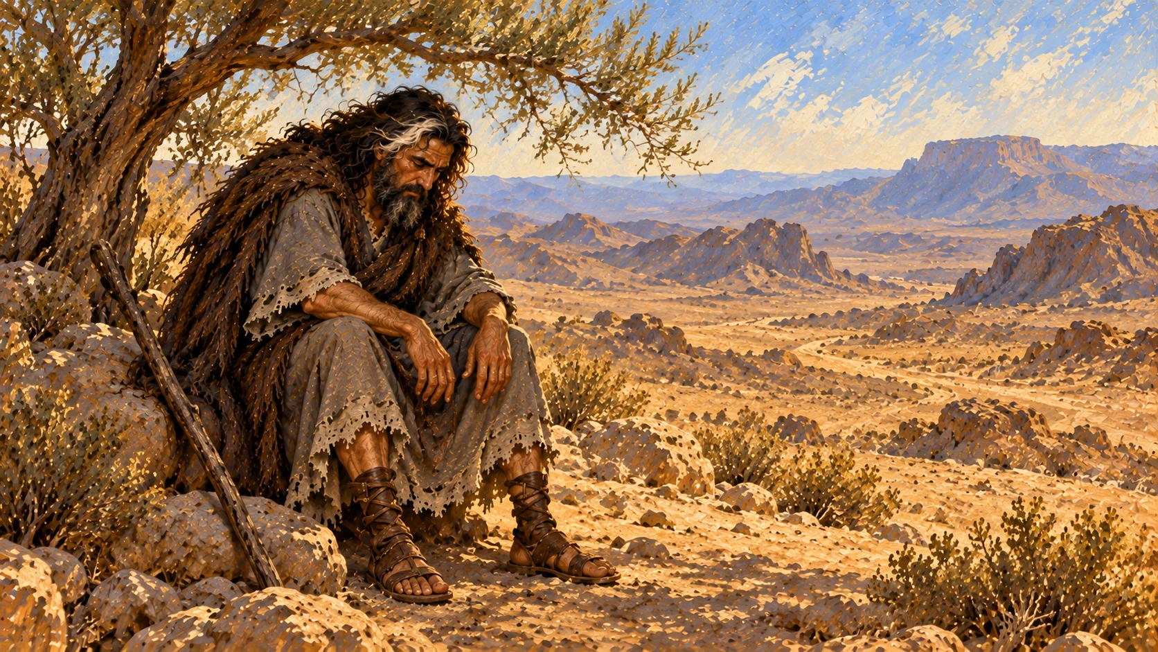 A day into the wilderness, the exhausted Elijah sits alone beneath a broom tree in despair.