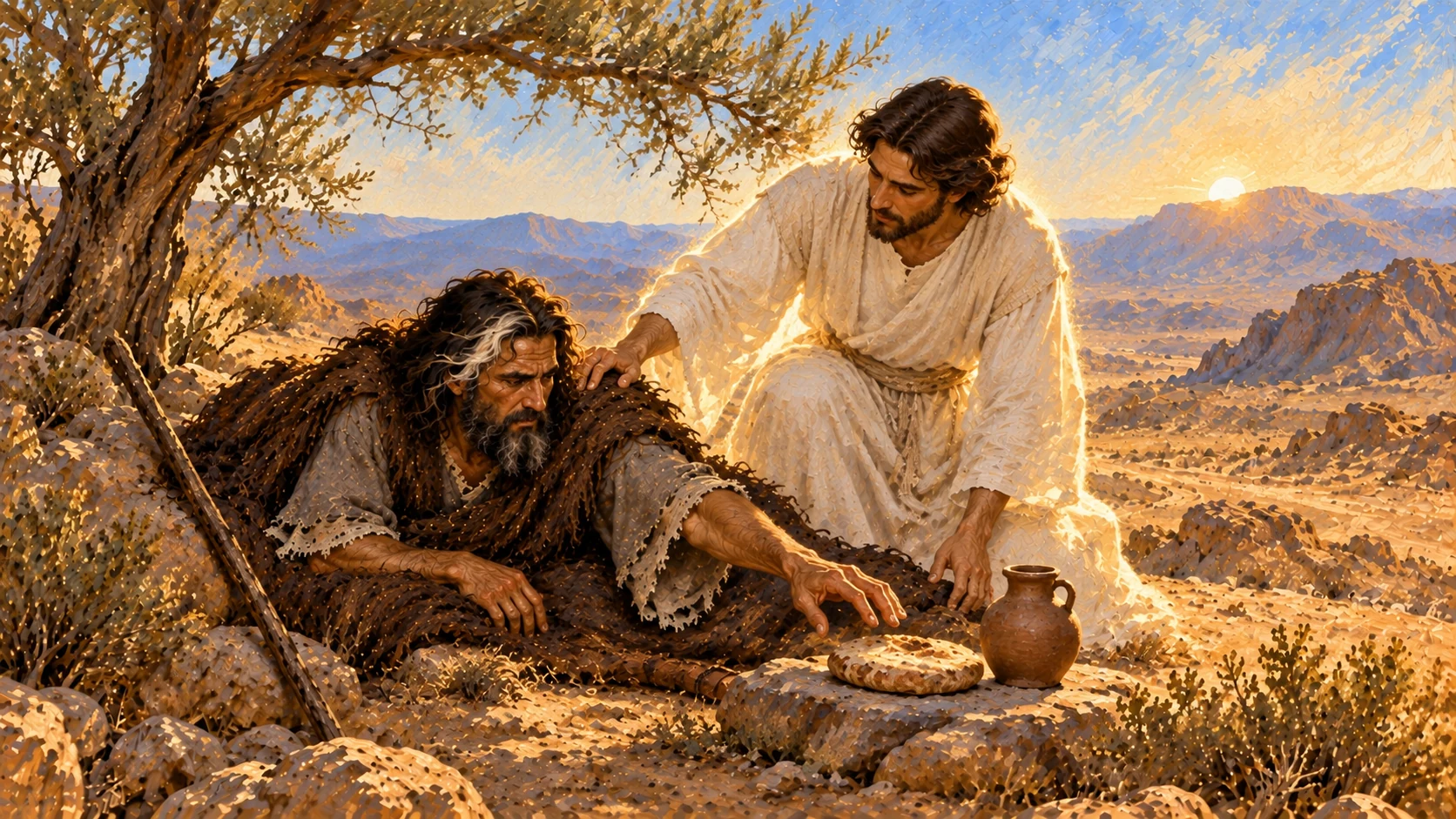 An angel rouses sleeping Elijah; a cake and water restore him before he sleeps again.