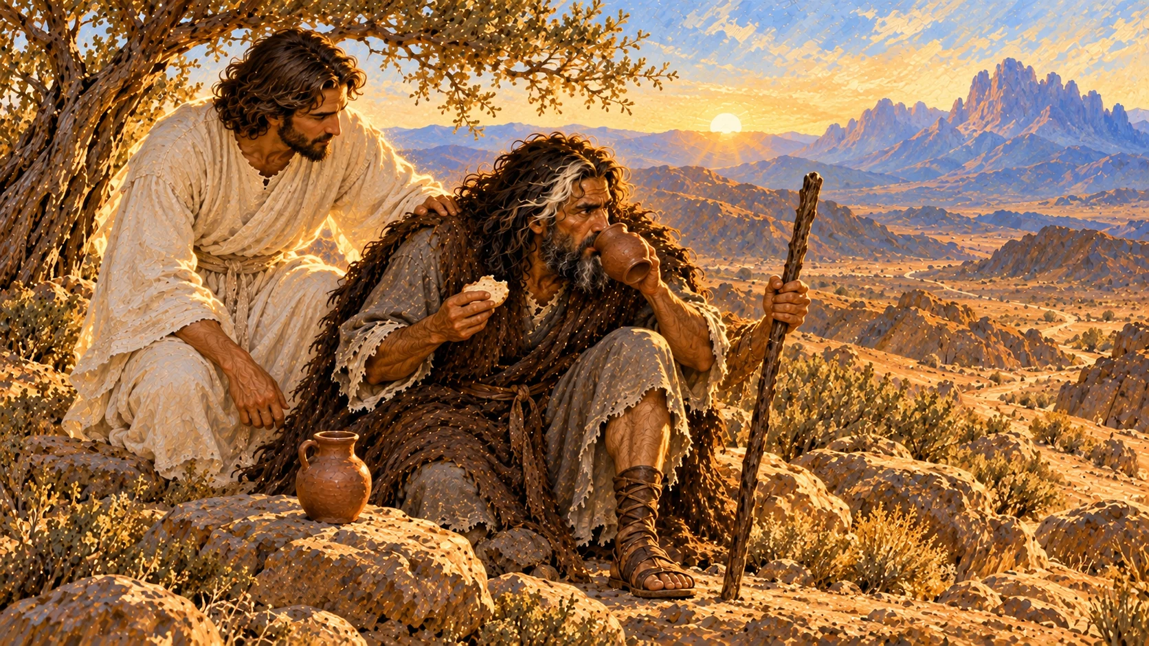 The angel wakes Elijah again to eat; he travels forty days and nights toward Horeb.