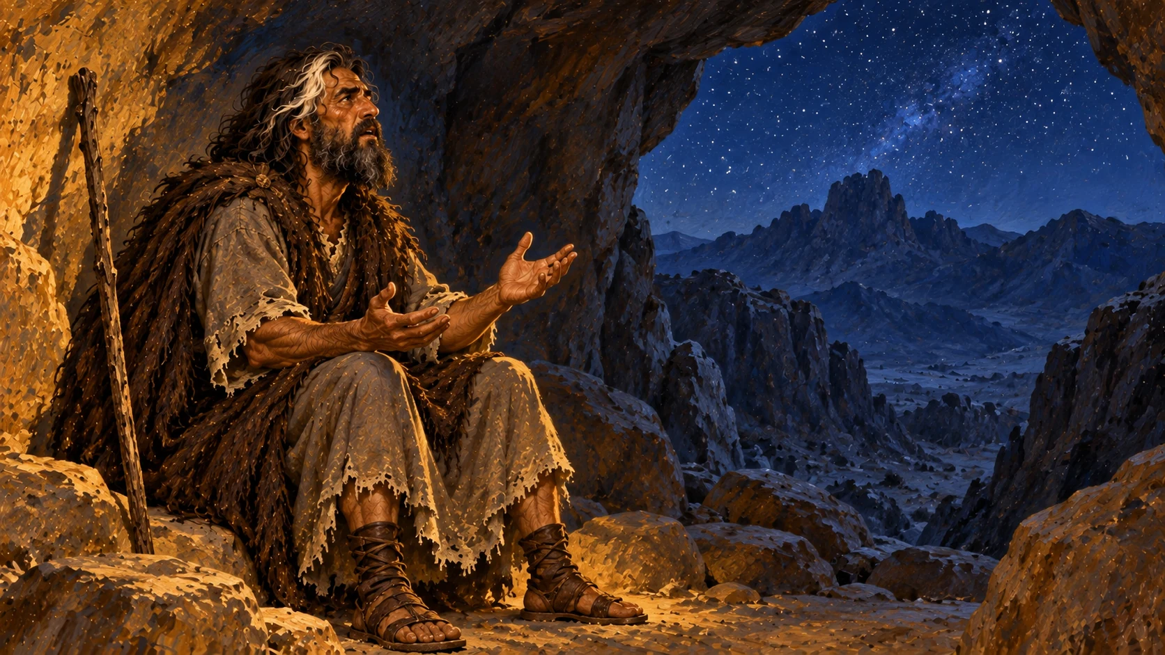 Elijah spends the night in a cave and tells Yahweh of his zeal and isolation.