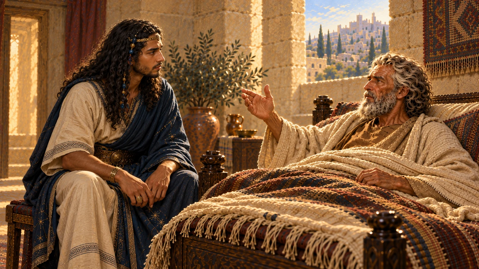 Elderly David instructs Solomon at his bedside to keep the commands of Yahweh. Preserve both established identities; no visible deity.