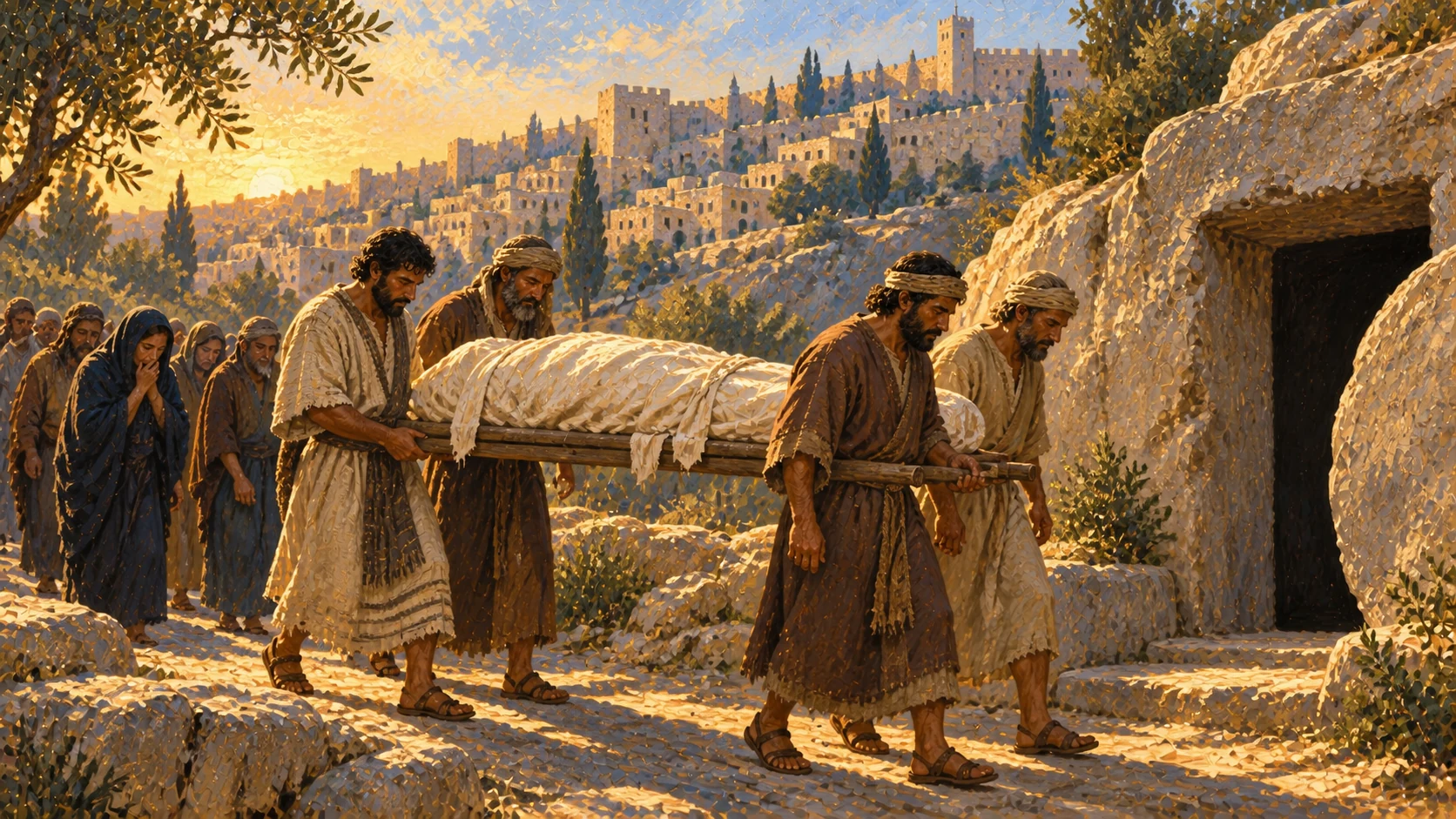 A dignified funeral procession bears David’s shrouded body toward a tomb in the city of David. No exposed corpse or invented named mourners.
