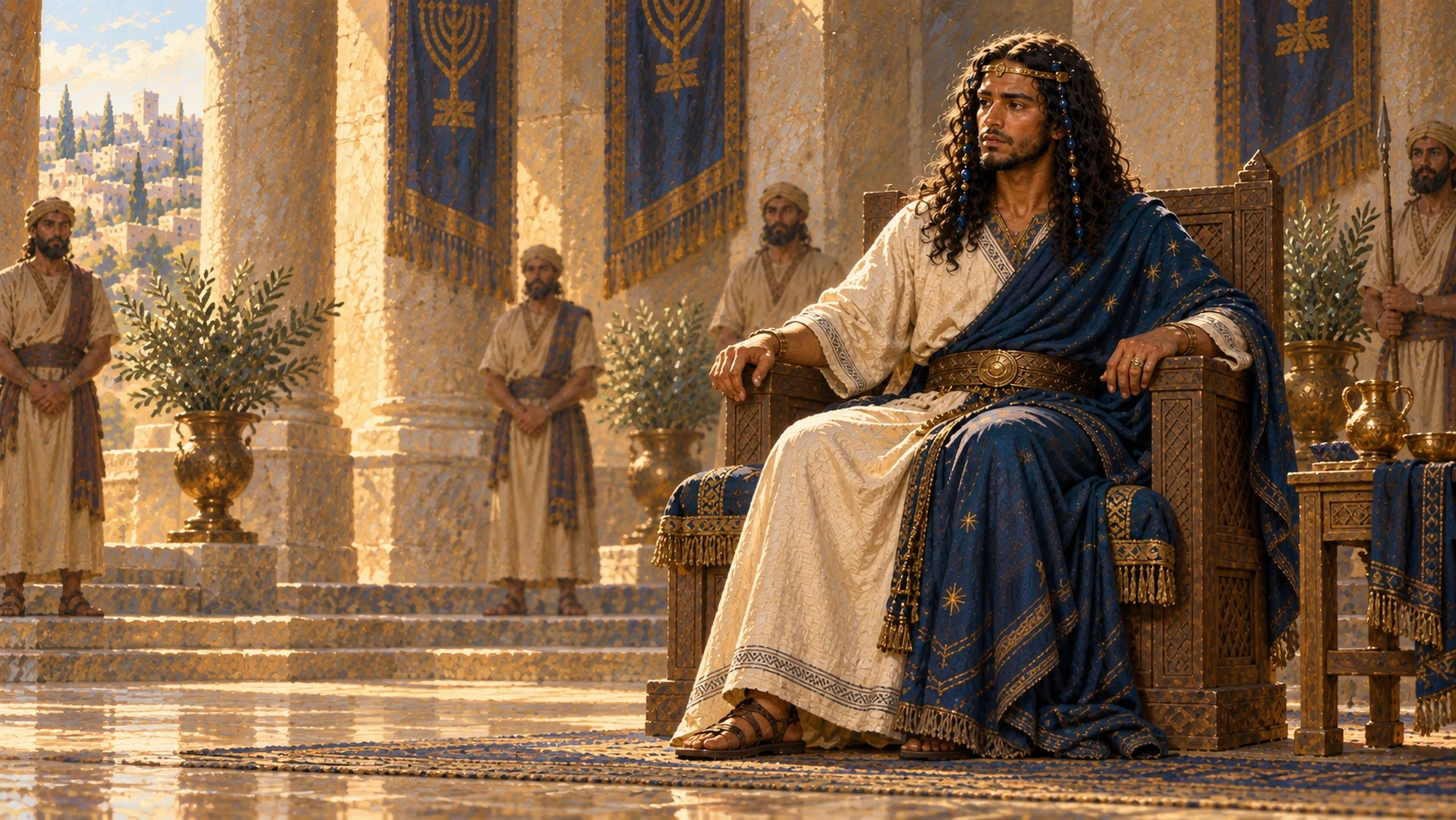 The established young Solomon sits on David’s royal throne, thoughtful and resolute.