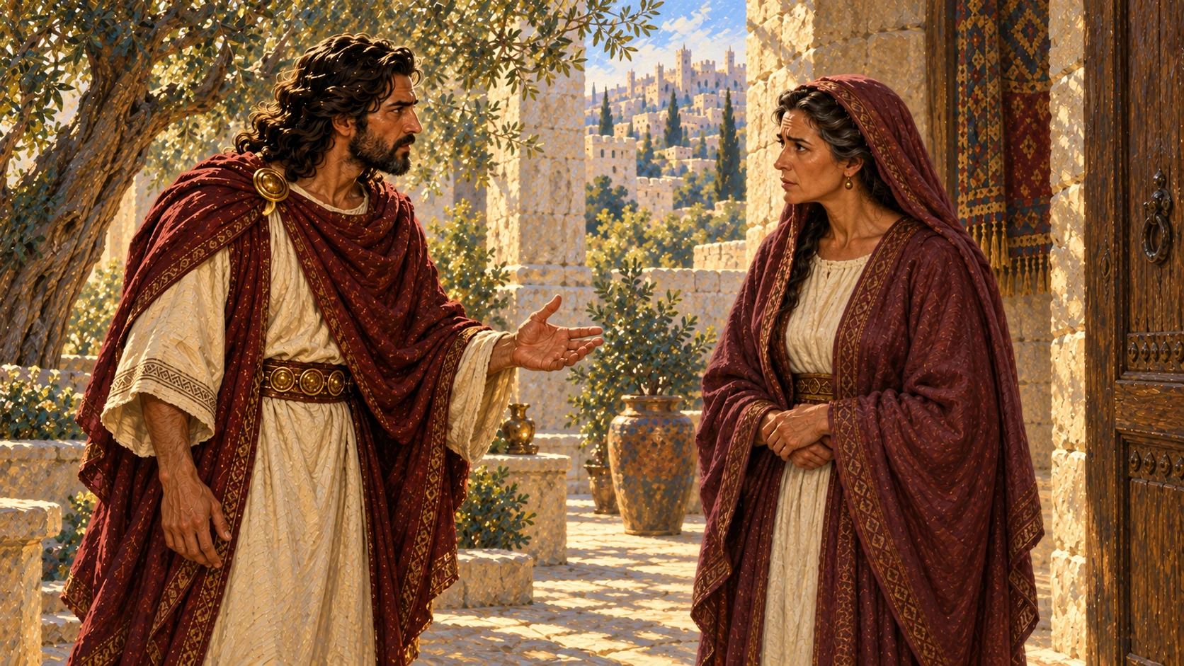 The established Adonijah addresses Bathsheba in a palace courtyard, requesting a hearing.