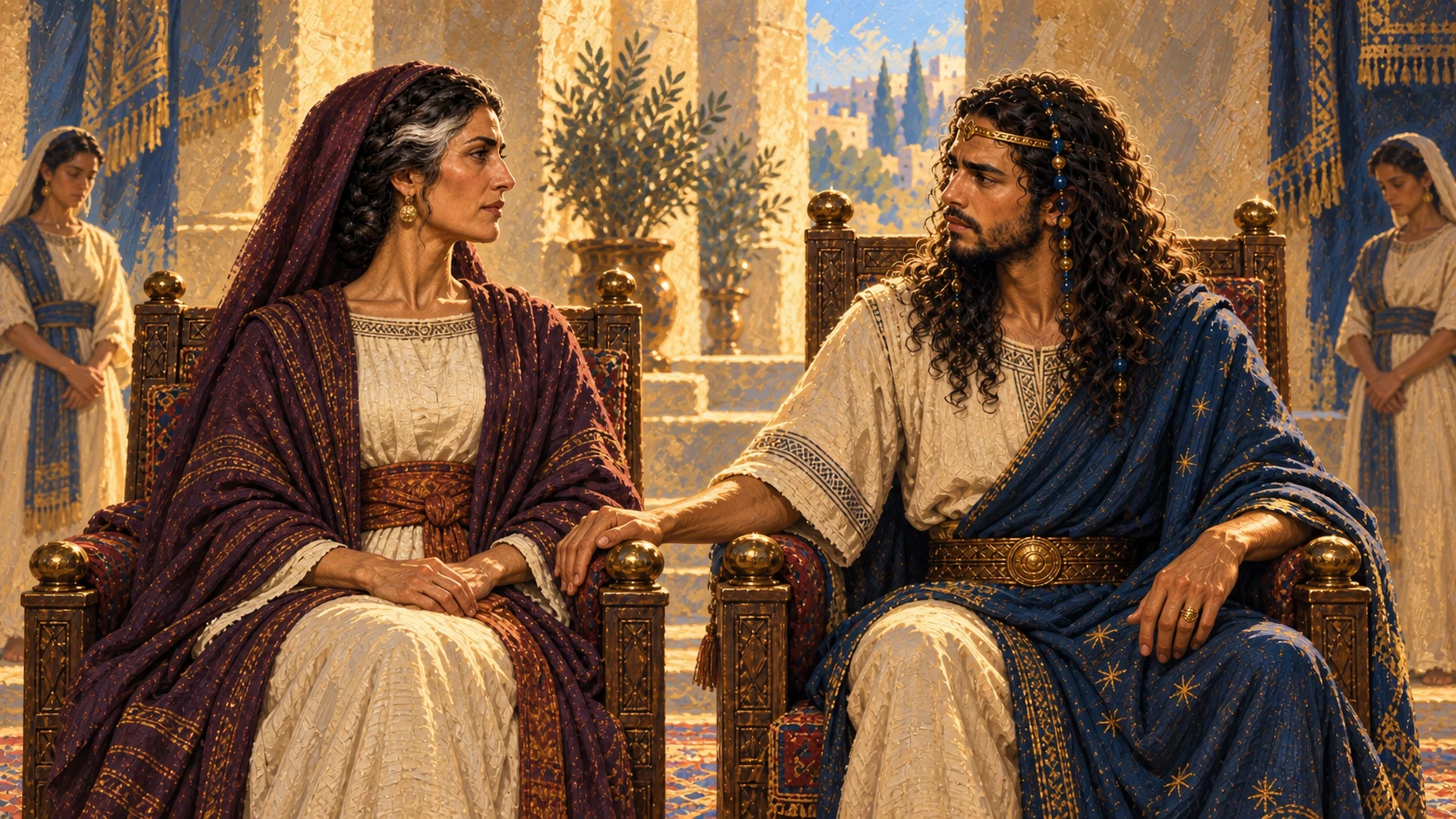 Solomon rises and bows to Bathsheba as she enters; her seat stands at his right, awaiting her.