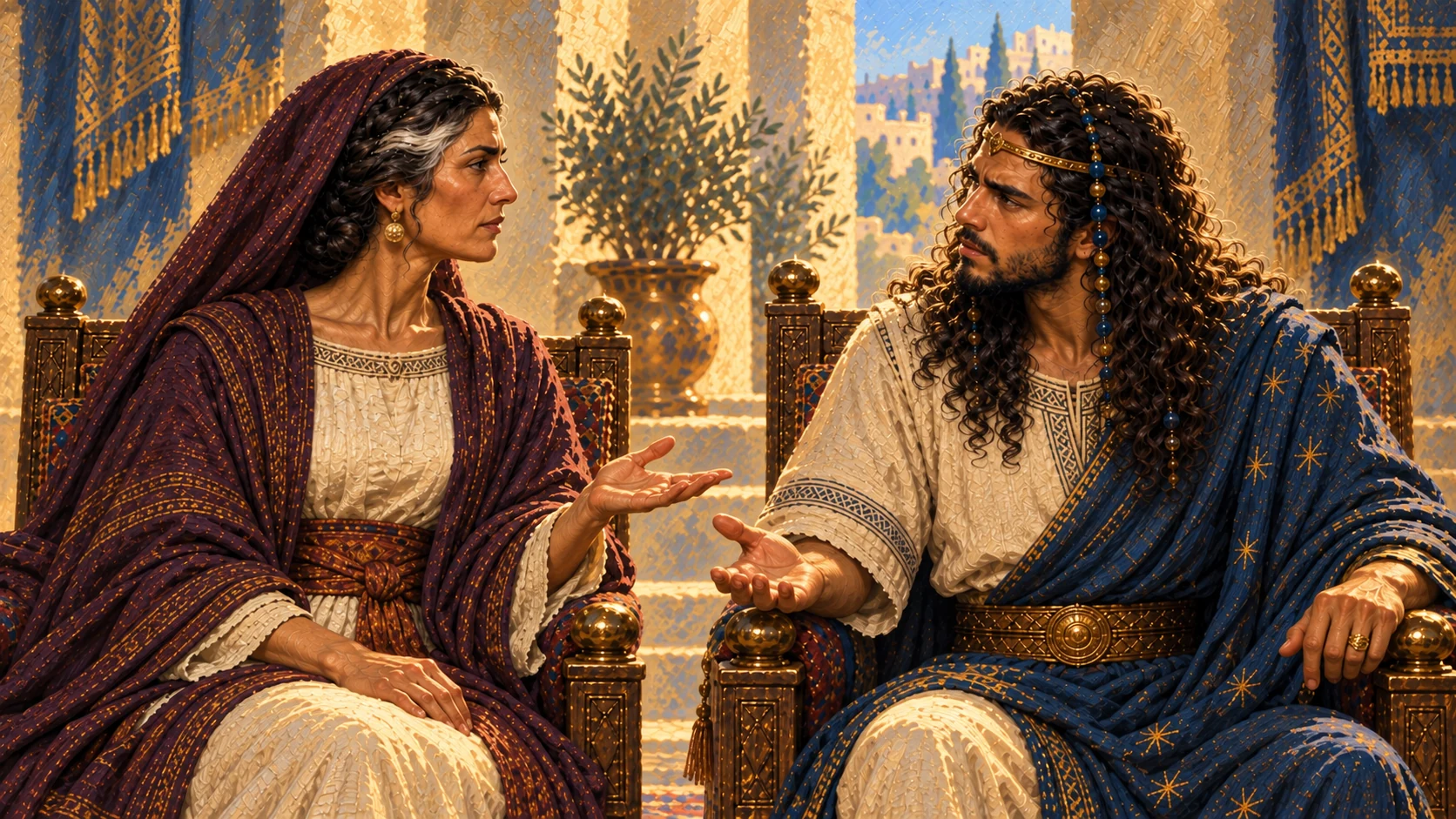 Bathsheba sits at Solomon’s right and speaks; Solomon reacts sharply to the request. Keep both seated and recognizable.