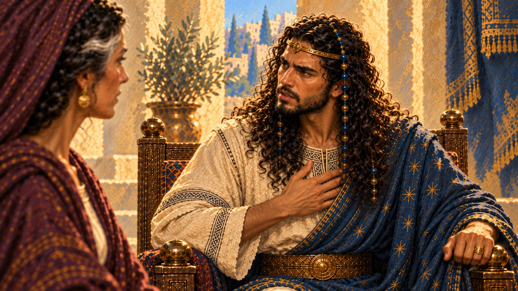 Solomon speaks a solemn judgment from the throne, firm expression, no supernatural effects.