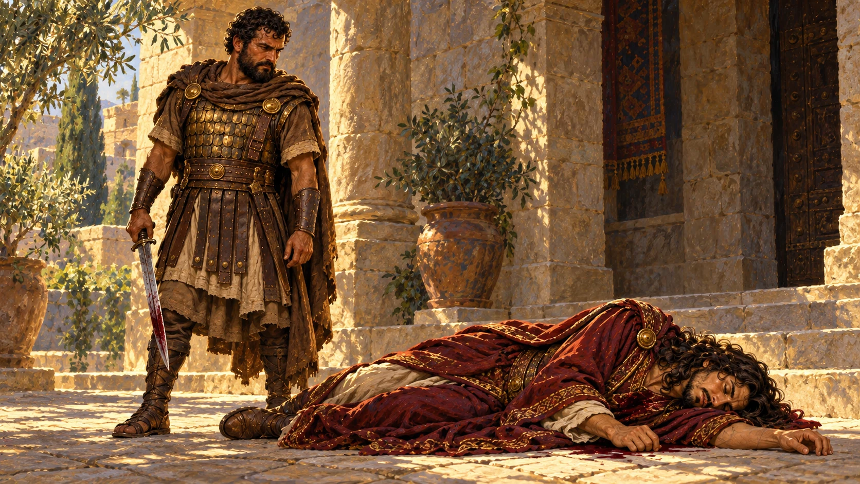Benaiah carries out the king’s order against adult Adonijah. Restrained historical action: fatal sword strike obscured by the figures, no dismemberment or excessive gore; do not substitute a pardon.
