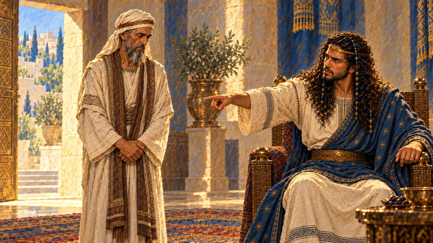 Solomon dismisses the established elderly ivory-clad priest Abiathar from service; Abiathar stands before the throne, subdued.