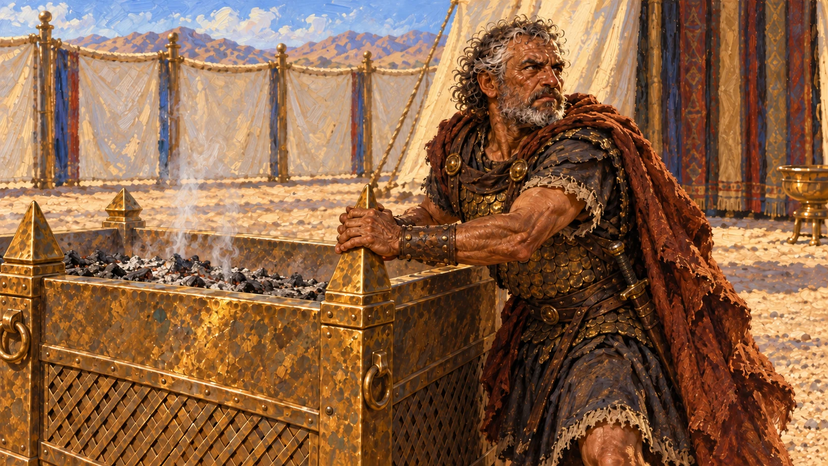 The established older Joab clutches the altar horns beside the tent of Yahweh. Keep Adonijah absent.