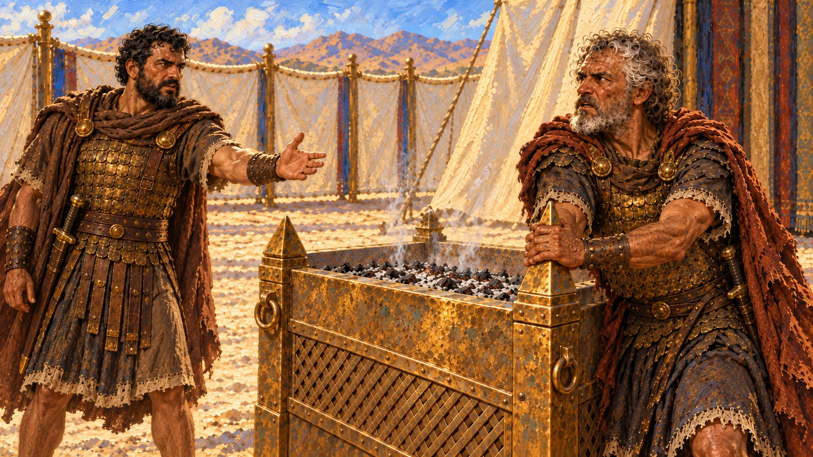 Benaiah stands before Joab at the altar and speaks; Joab remains gripping the horns, refusing to leave. No strike yet.