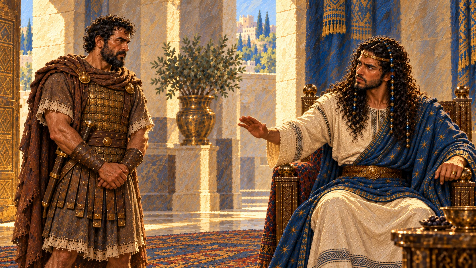 Benaiah receives Solomon’s grave instructions in the royal court. No flashback violence or visible divine figure.