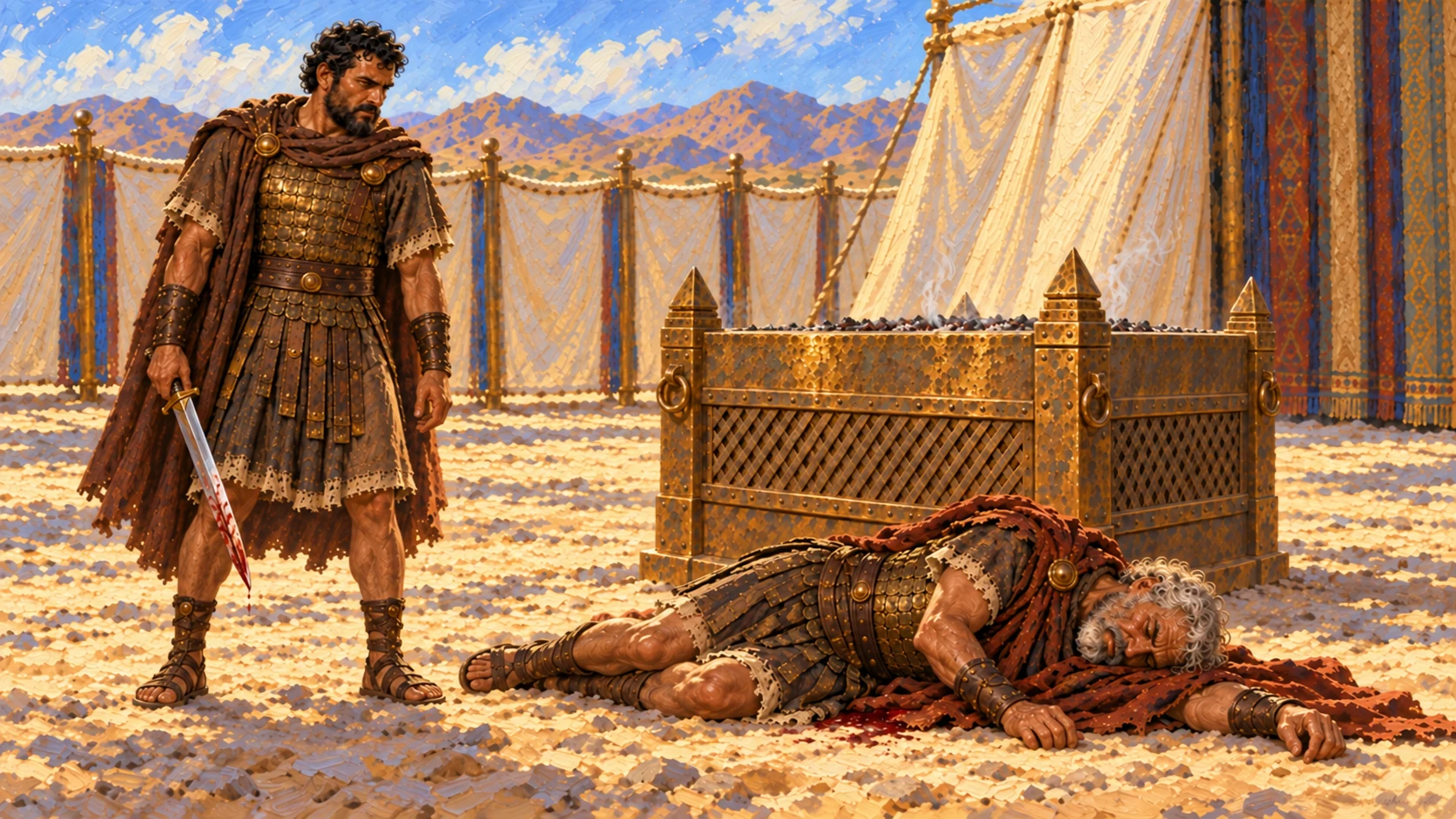 Benaiah stands beside the altar after the fatal encounter with adult Joab, whose fallen body is partly obscured by the altar. Restrained aftermath, no mutilation.