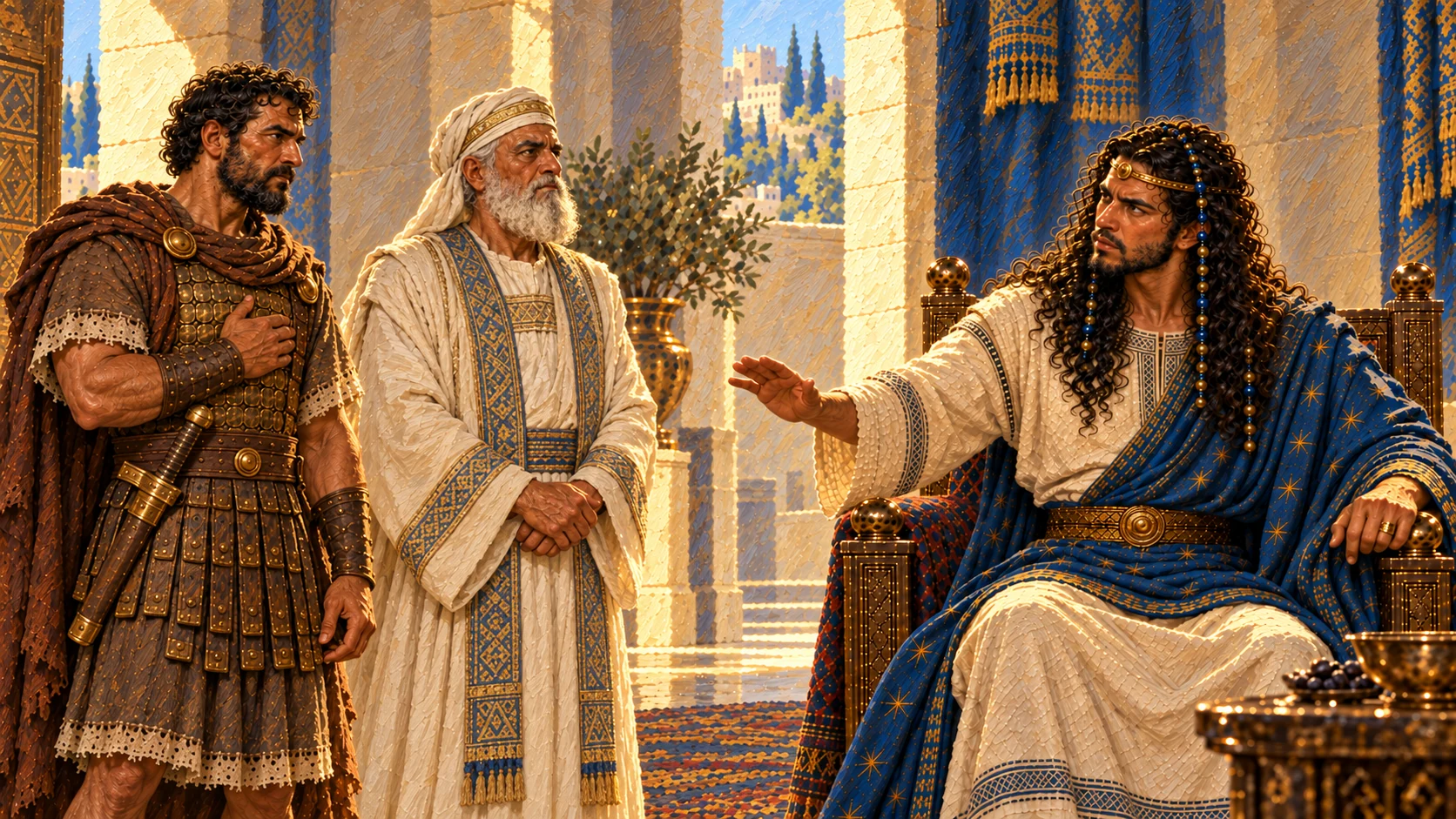 Solomon appoints Benaiah as army commander and Zadok as priest; both established characters stand before him.