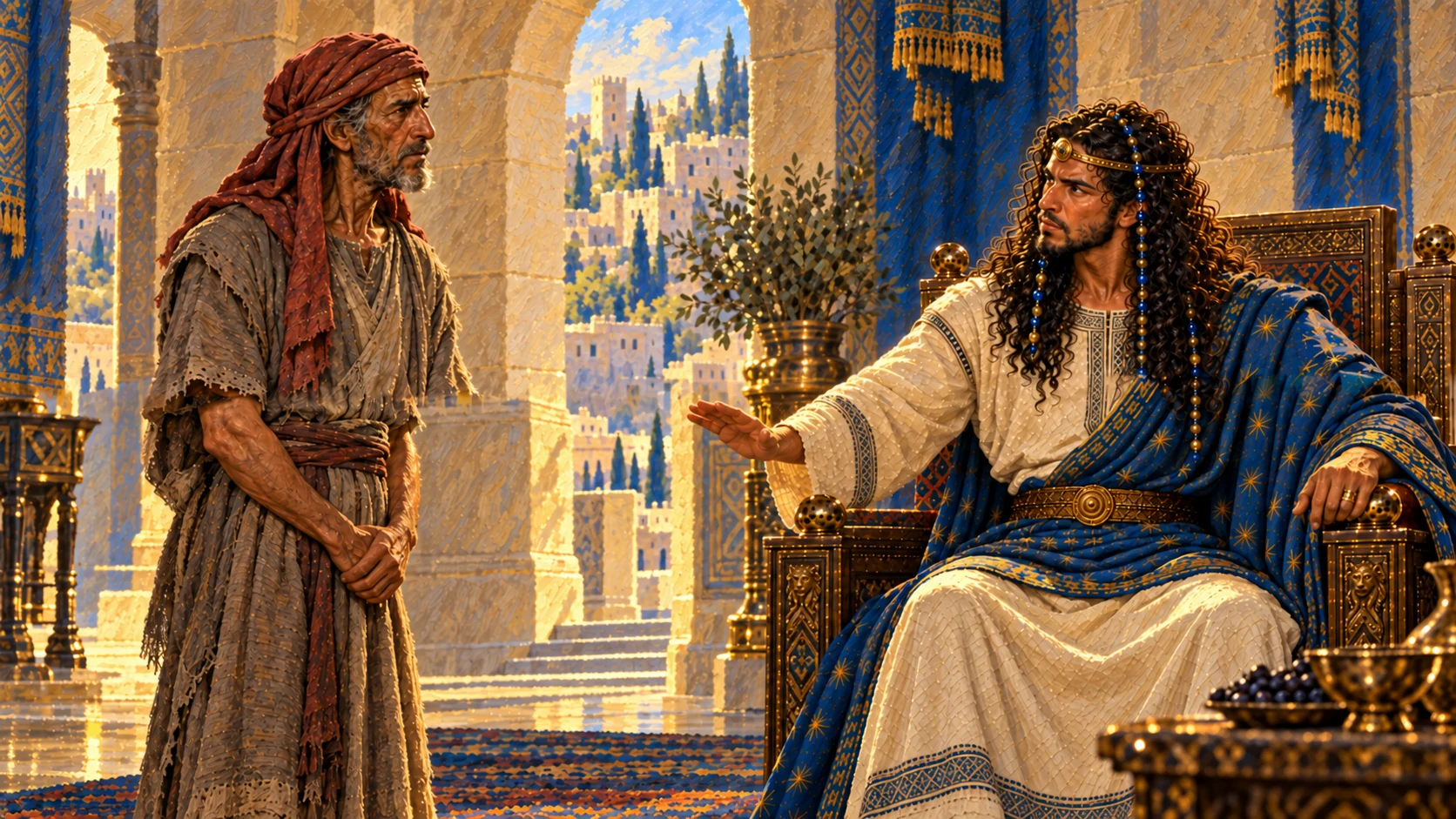 Solomon warns Shimei in the court; Shimei respectfully agrees. Establish older olive-skinned Shimei with narrow gray beard and muted sage robe.