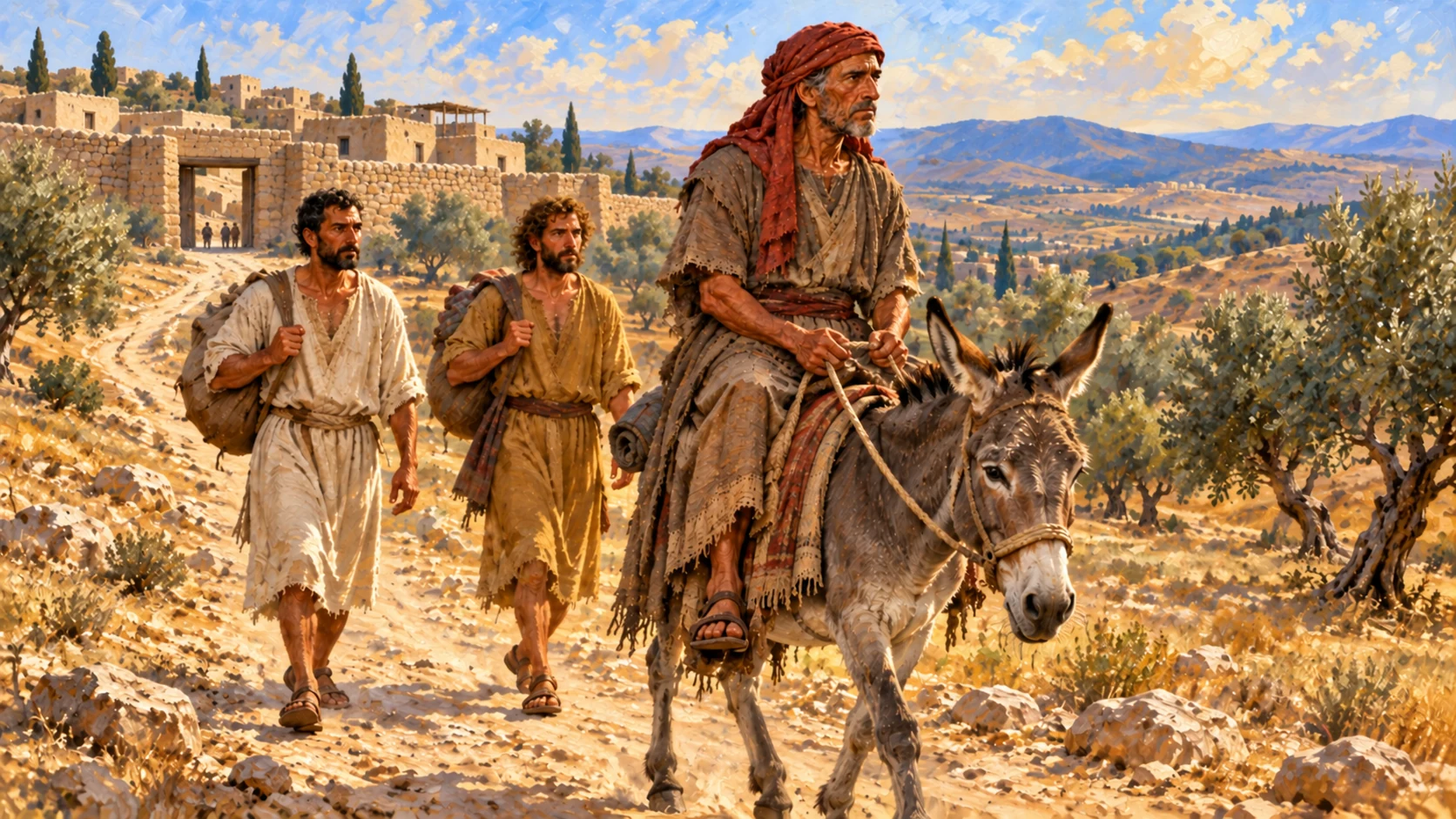 Three years later, Shimei rides a donkey on the road returning from Gath with his two adult servants. Maintain his established identity.