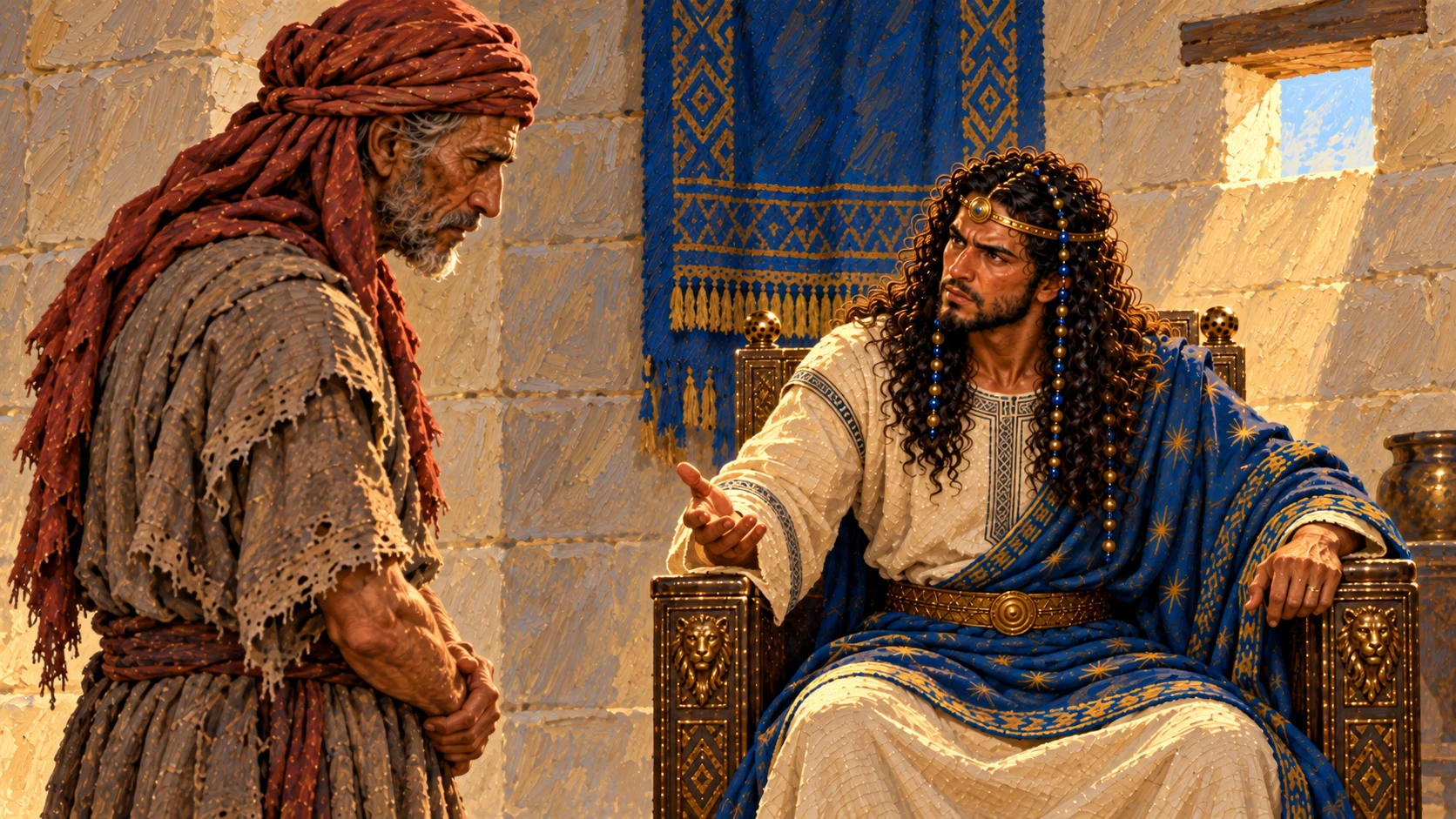 Shimei stands before Solomon, who questions his violation of the oath.