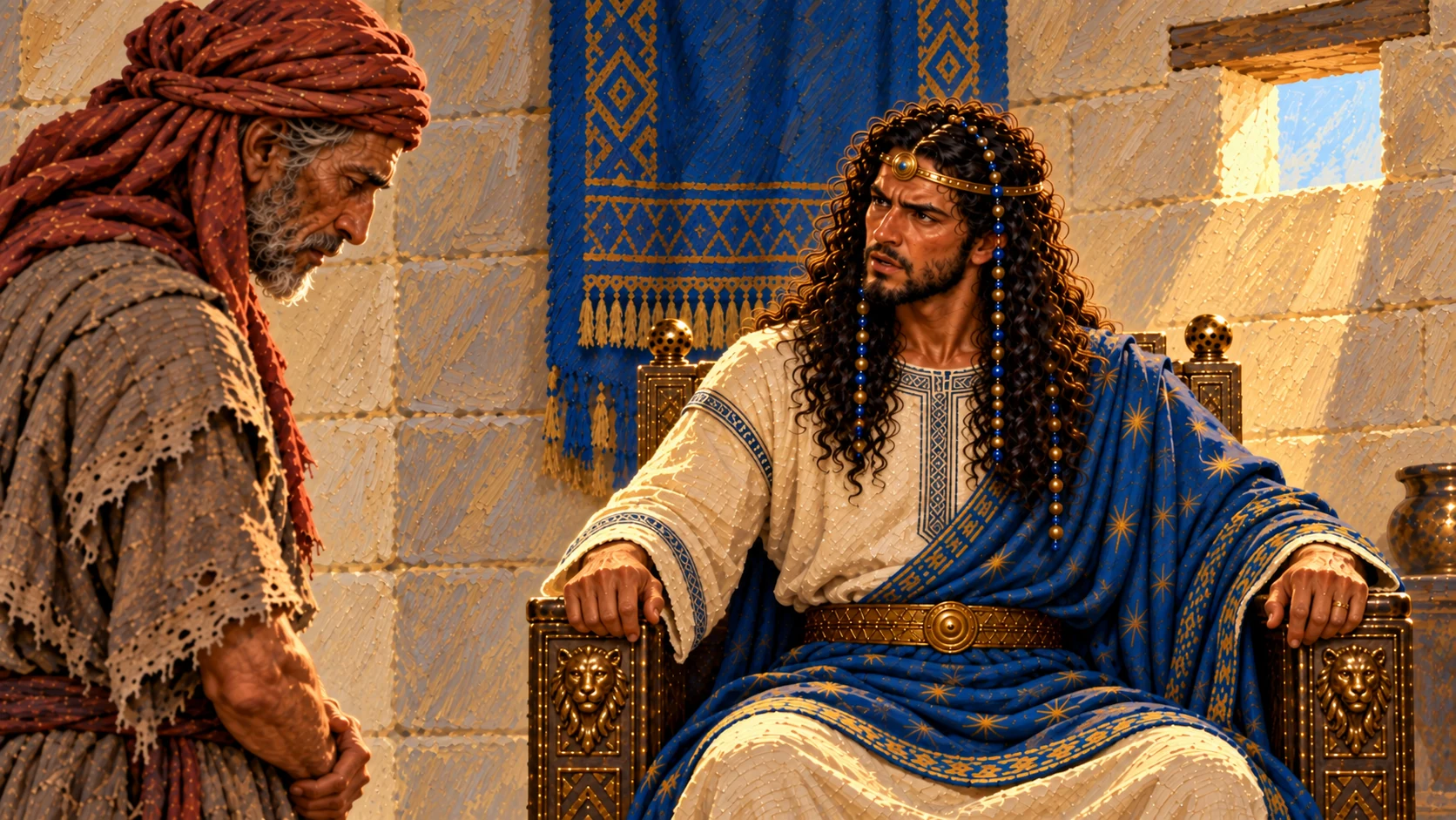 Solomon delivers the sentence to Shimei, grave formal court scene without supernatural effects.