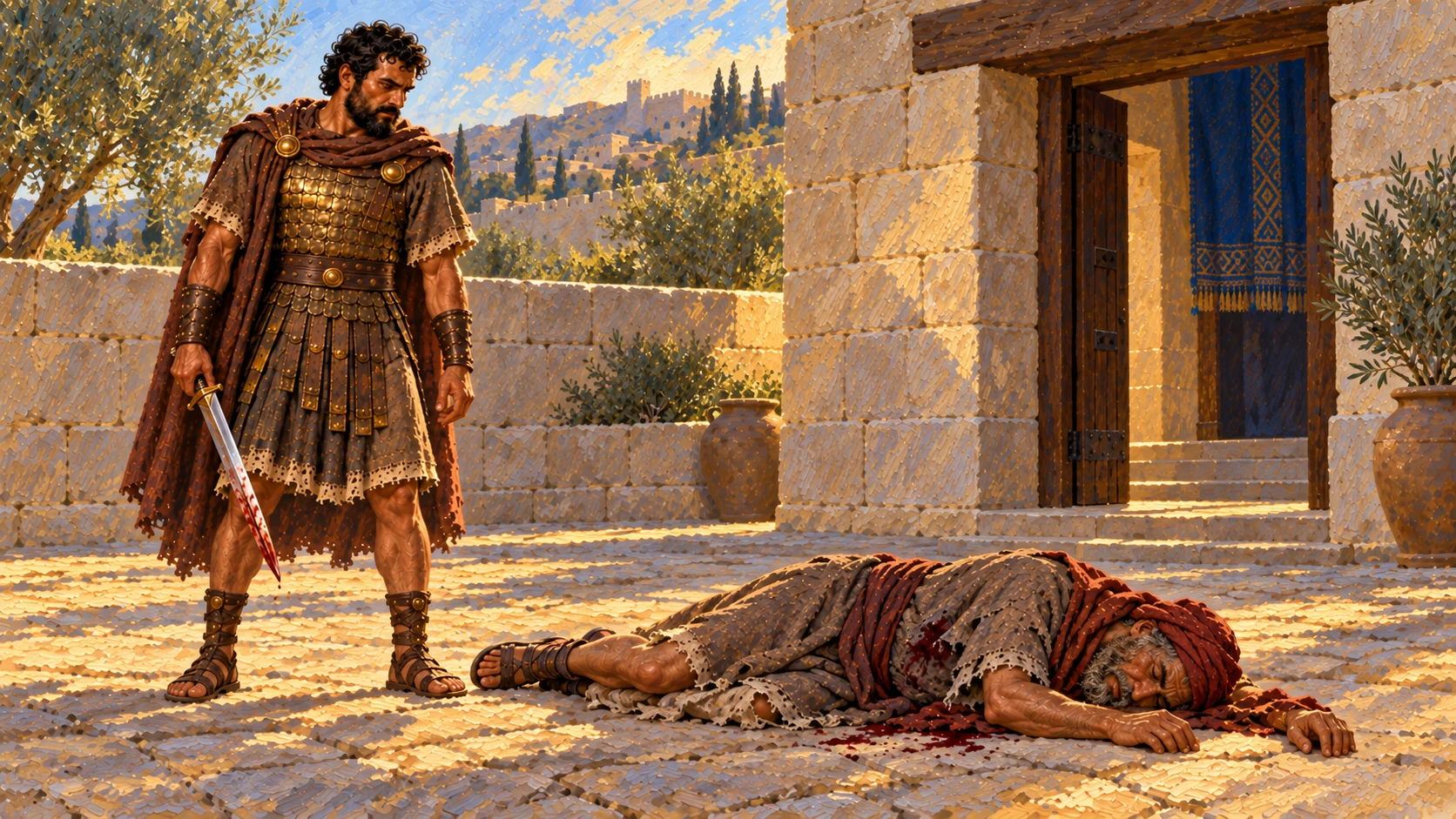 Benaiah carries out the fatal order against adult Shimei outside the court. Restrained action, no dismemberment or excessive gore; preserve the text’s death rather than implying escape.
