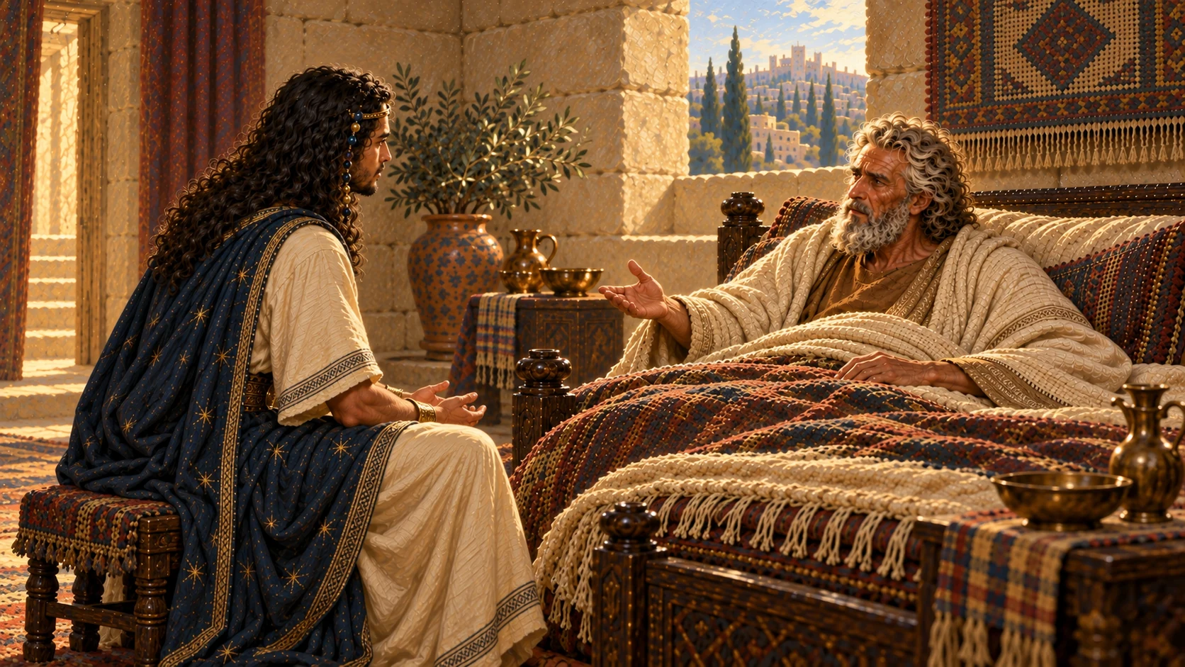 David gestures gently as he tells Solomon to show kindness to the sons of Barzillai; the sons need not appear in the room.