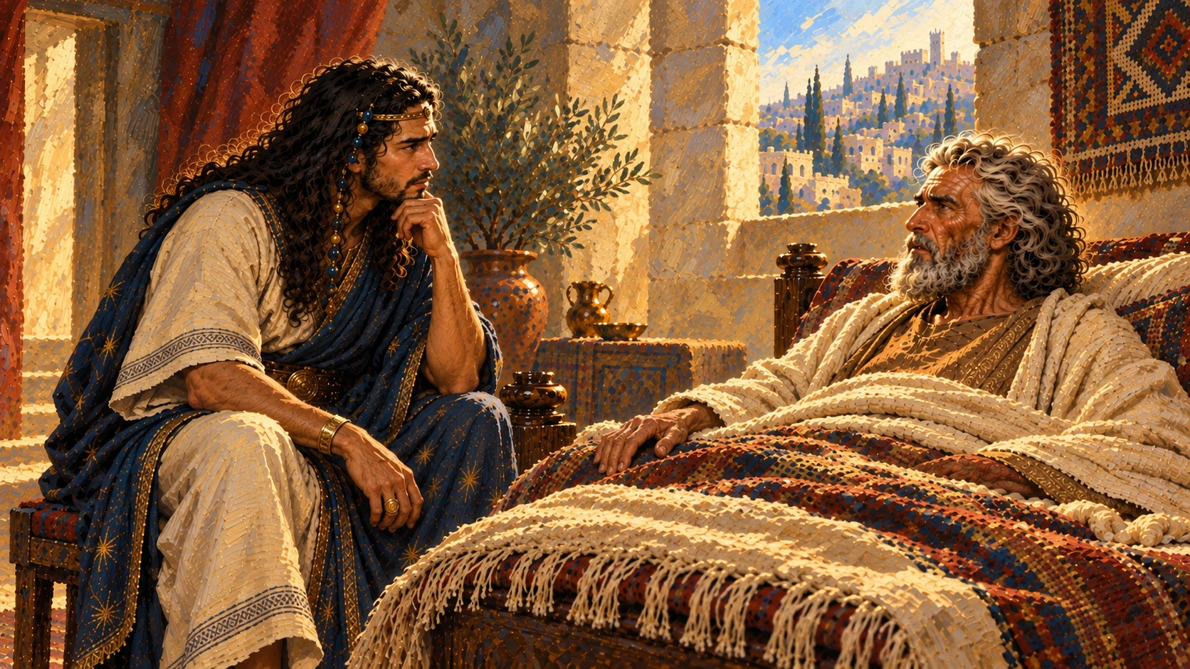 David speaks solemnly to Solomon about Shimei. Do not stage the recalled curse as a current event.
