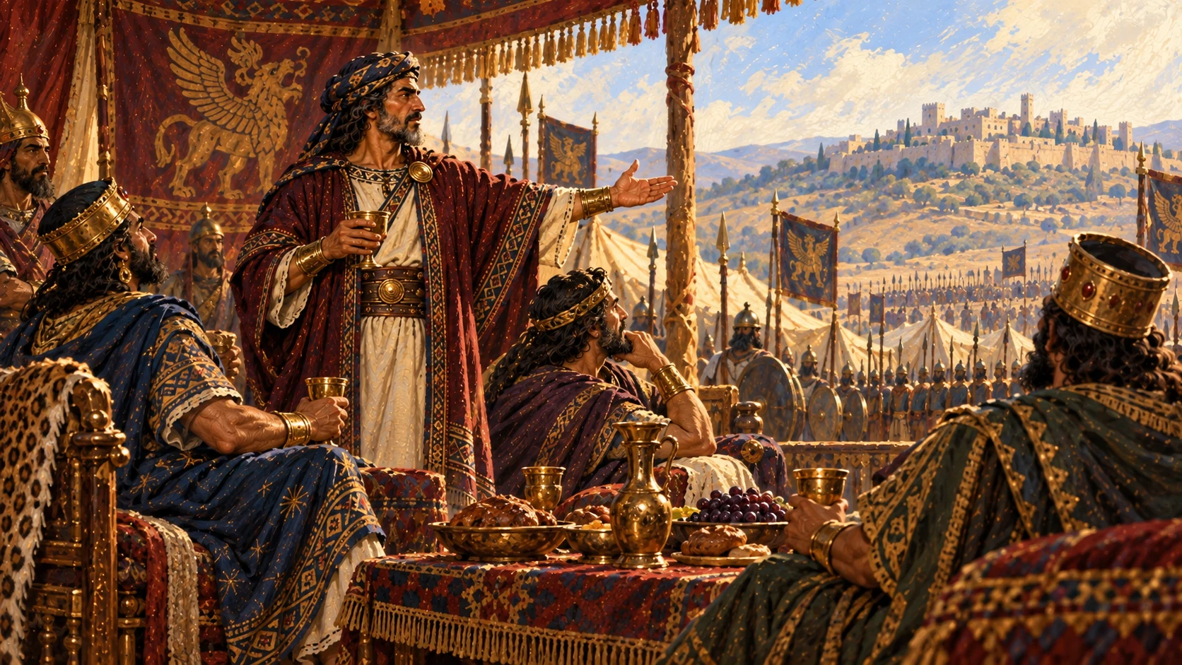 Ben-hadad threatens Samaria; Ahab answers while the Aramean kings drink.