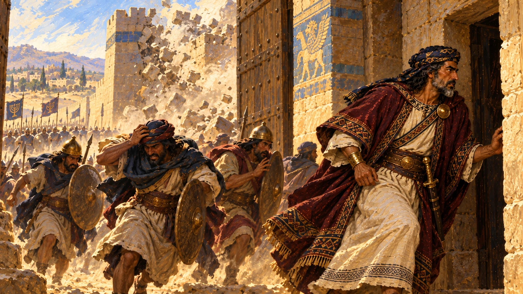 After seven days, Aram is defeated and Ben-hadad hides in an inner room; avoid graphic mass death.