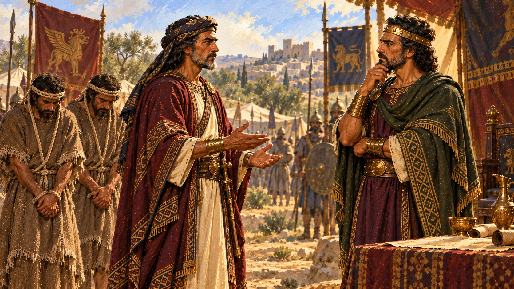 His servants plead for mercy and Ahab makes a treaty with him.