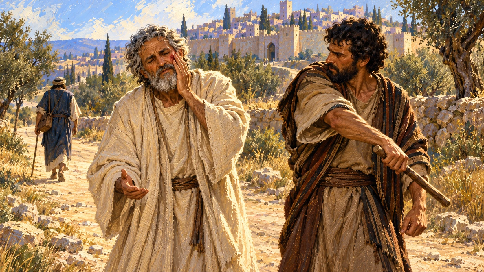 One companion refuses the prophet’s request; another gives him a restrained visible wound. Keep the lion attack offscreen.