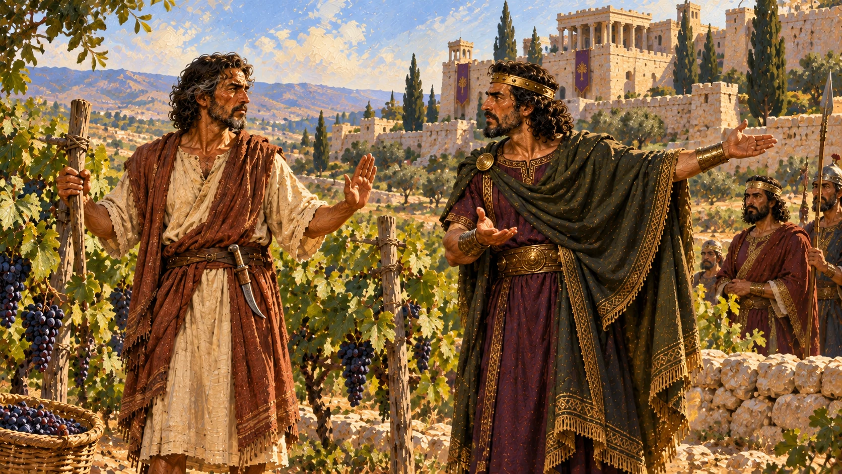 Ahab requests the vineyard beside his palace; Naboth refuses to surrender his ancestral inheritance.