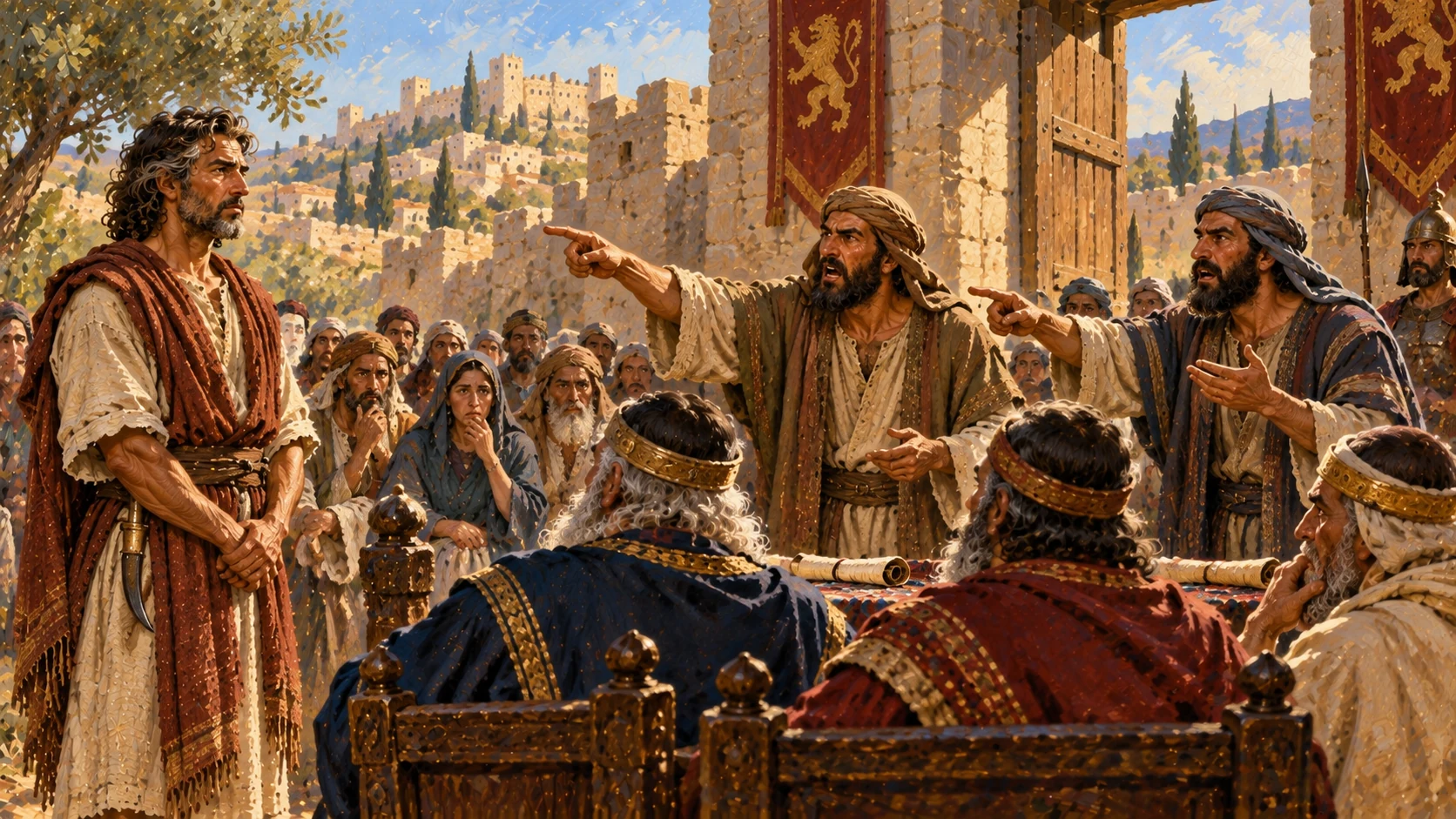 Two accusers testify against Naboth; show the corrupt hearing, with the execution offscreen.